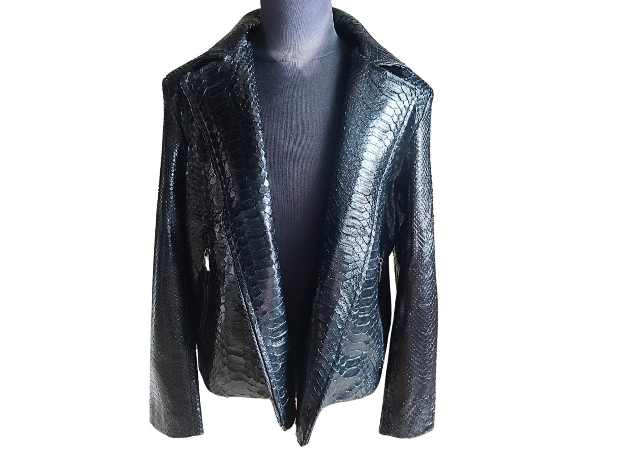 Glossy black snakeskin motorcycle leather jacket, front view with raised collar