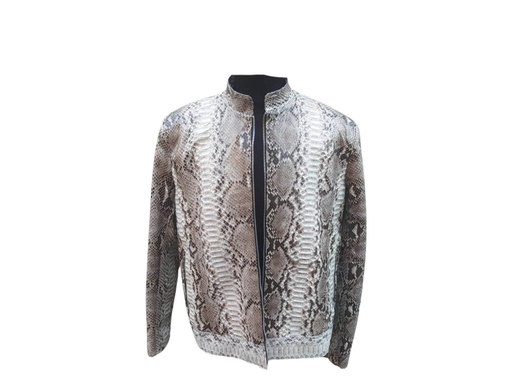 Glossy gray snake-pattern leather jacket with center front zipper and stand collar, long sleeves