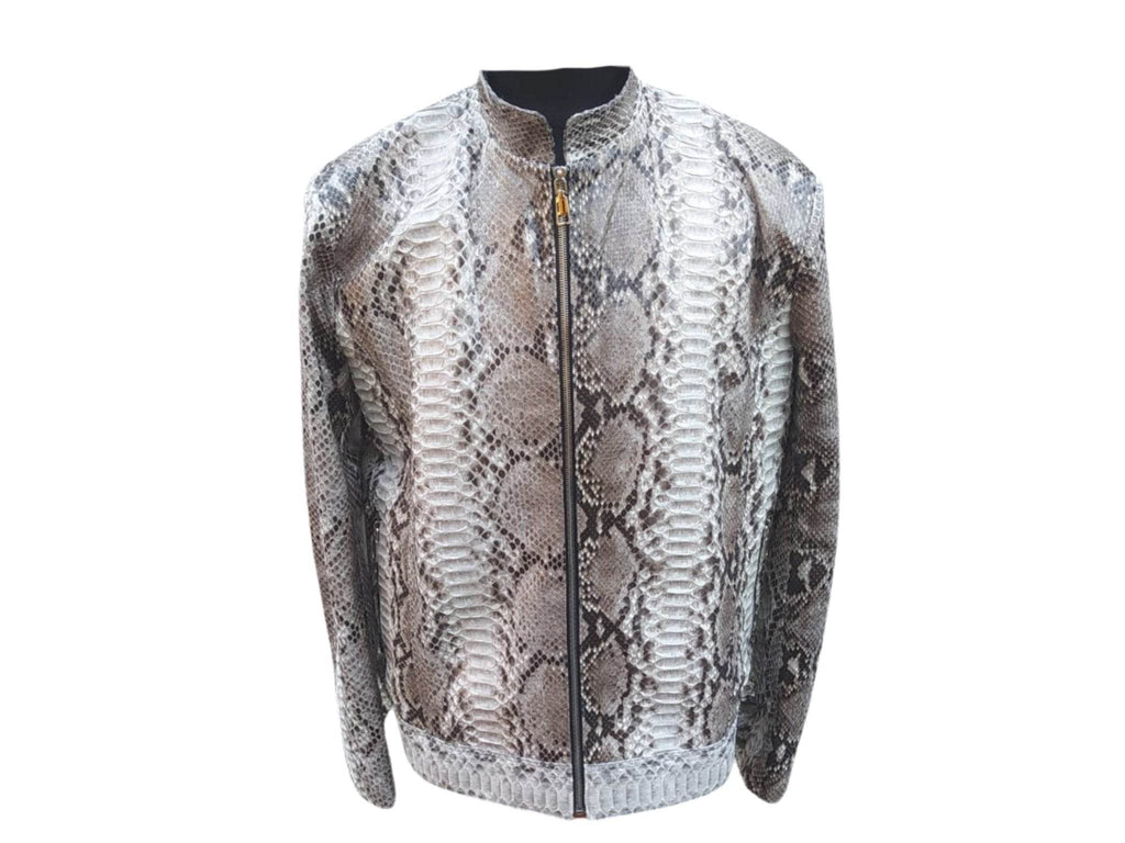Glossy gray snake-pattern motorcycle leather jacket, stand collar, zipped front, long sleeves
