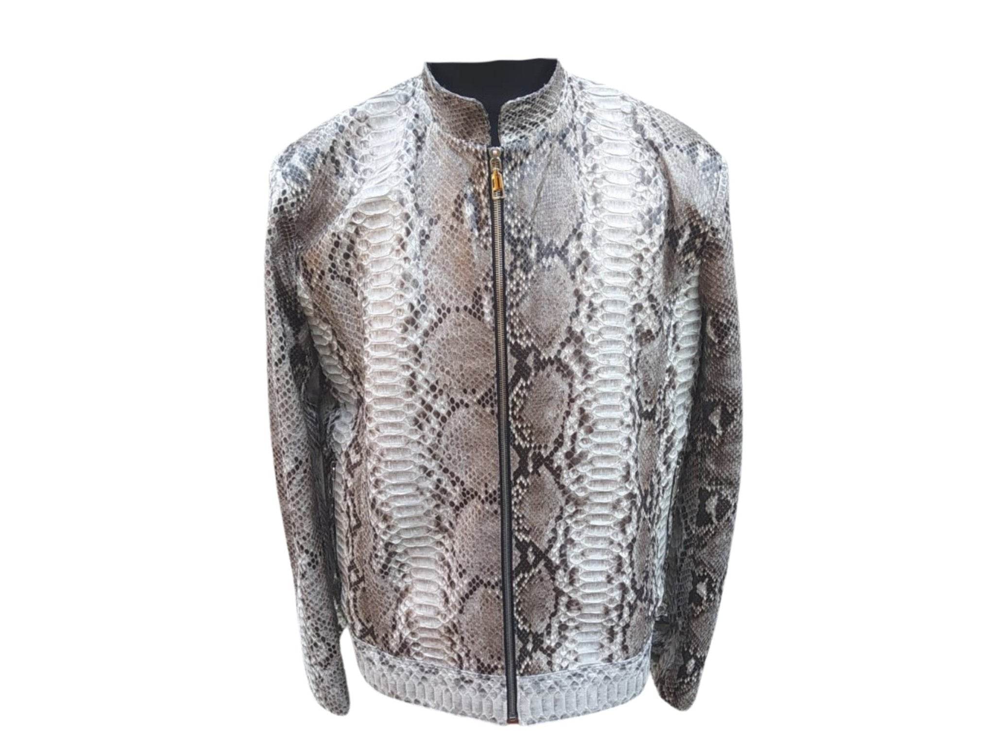 Glossy gray snake-pattern motorcycle leather jacket, stand collar, zipped front, long sleeves