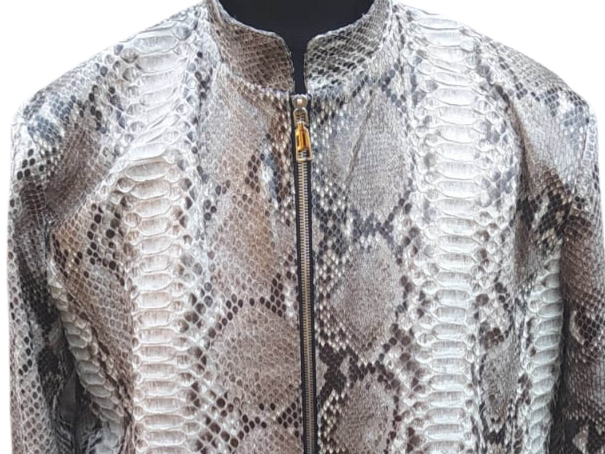 Close-up of glossy gray snake-pattern leather jacket front zipper and stand collar