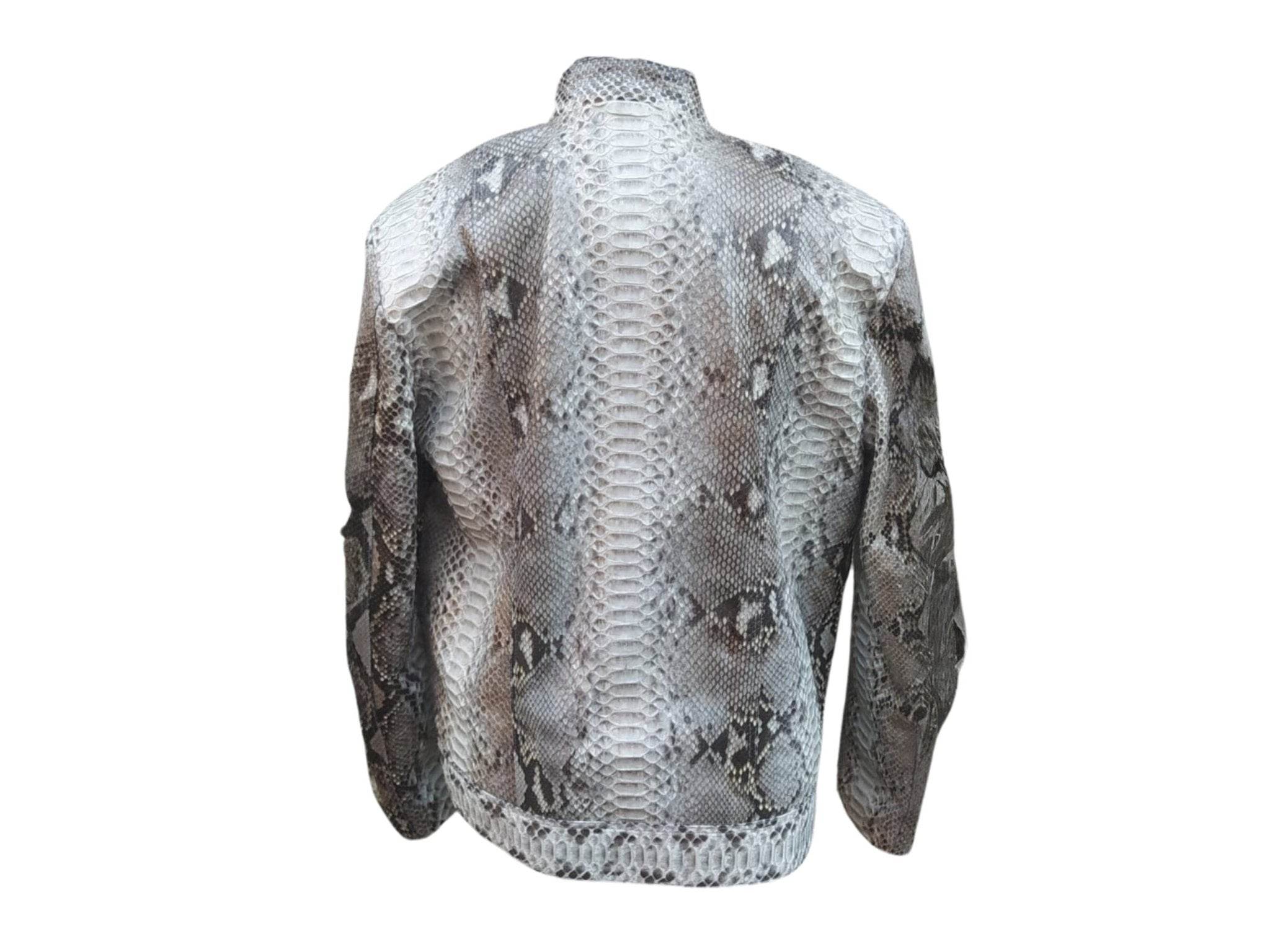 Glossy gray snake-pattern motorcycle leather jacket, stand collar, full front zip, long sleeves