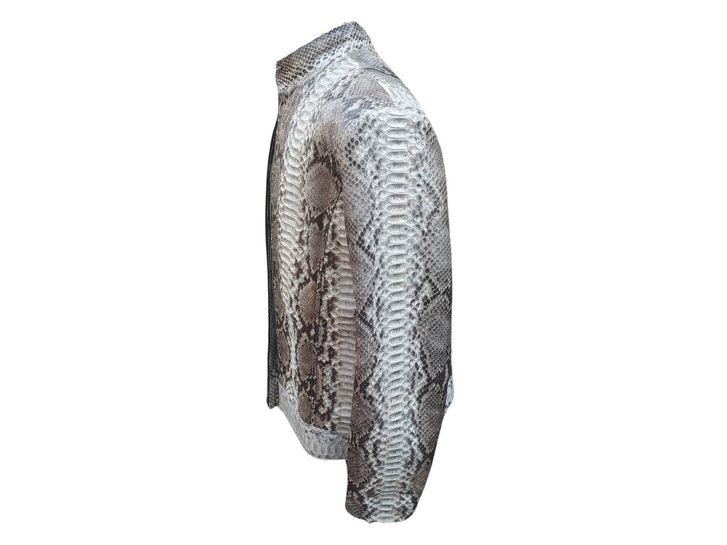 Side view of glossy gray snake-pattern leather motorcycle jacket, long sleeves, stand collar