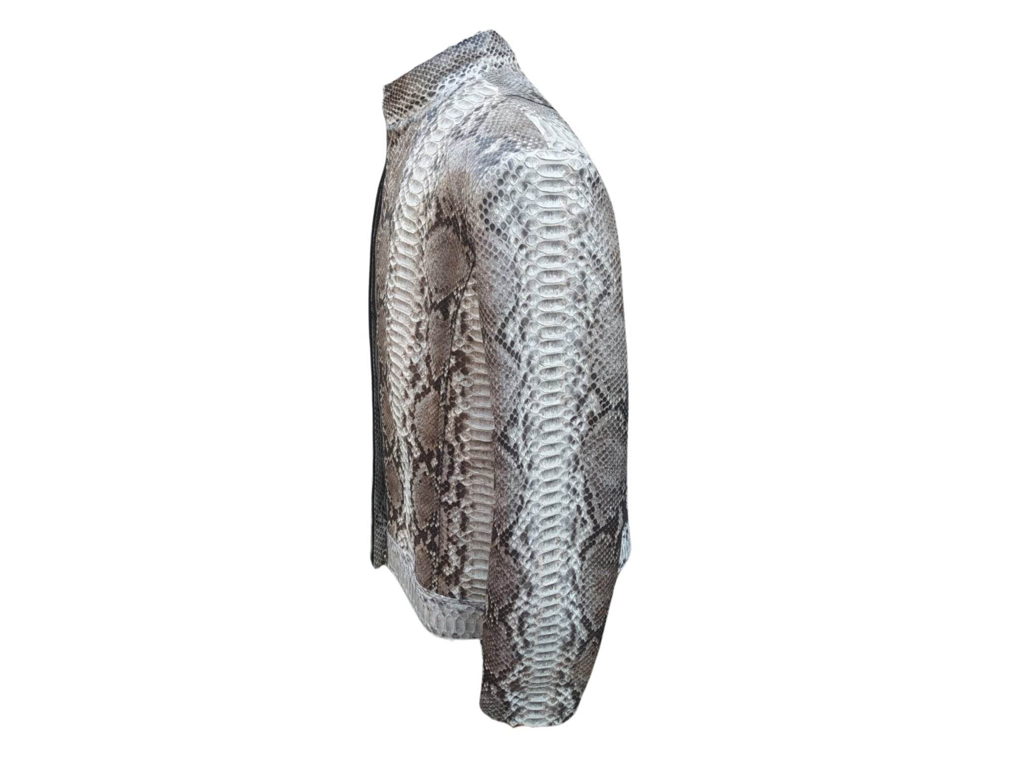 Side view of glossy gray snake-pattern leather motorcycle jacket, long sleeves, stand collar