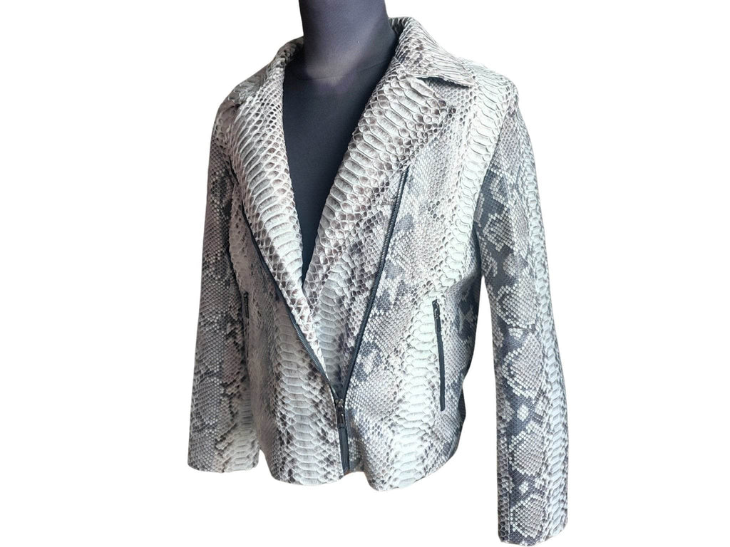 Grey snakeskin motorcycle leather jacket with notched lapels and zip front