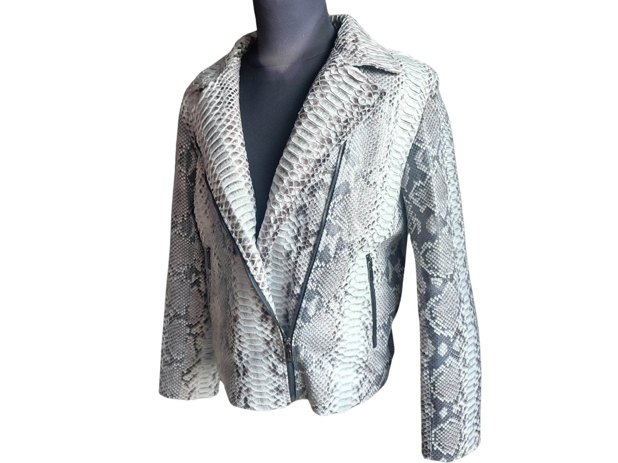 Grey snakeskin motorcycle leather jacket with notched lapels and zip front