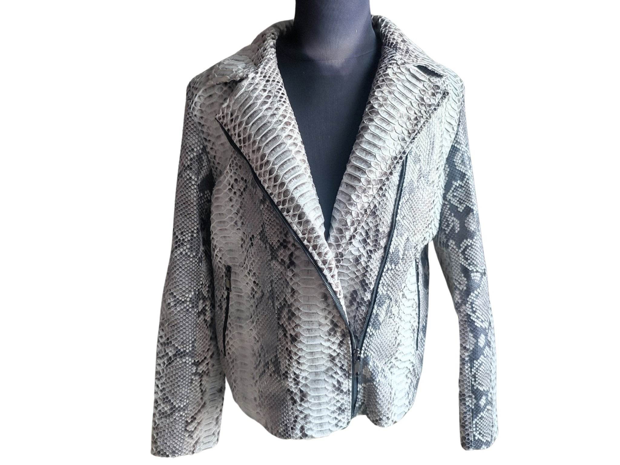 Grey snakeskin motorcycle leather jacket with notched lapels and zipper front