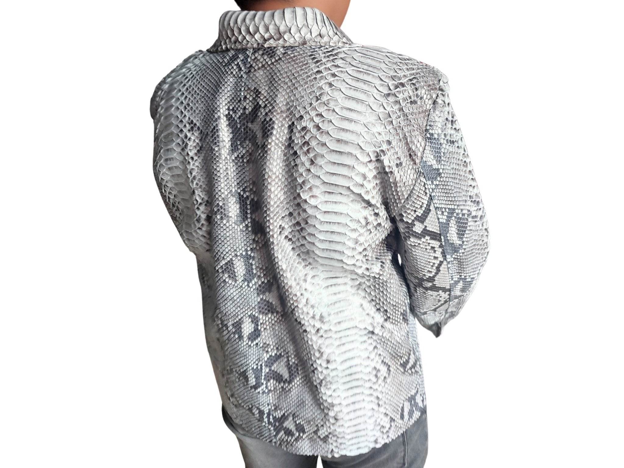 Grey snakeskin motorcycle leather jacket back view with stand collar and structured shoulders