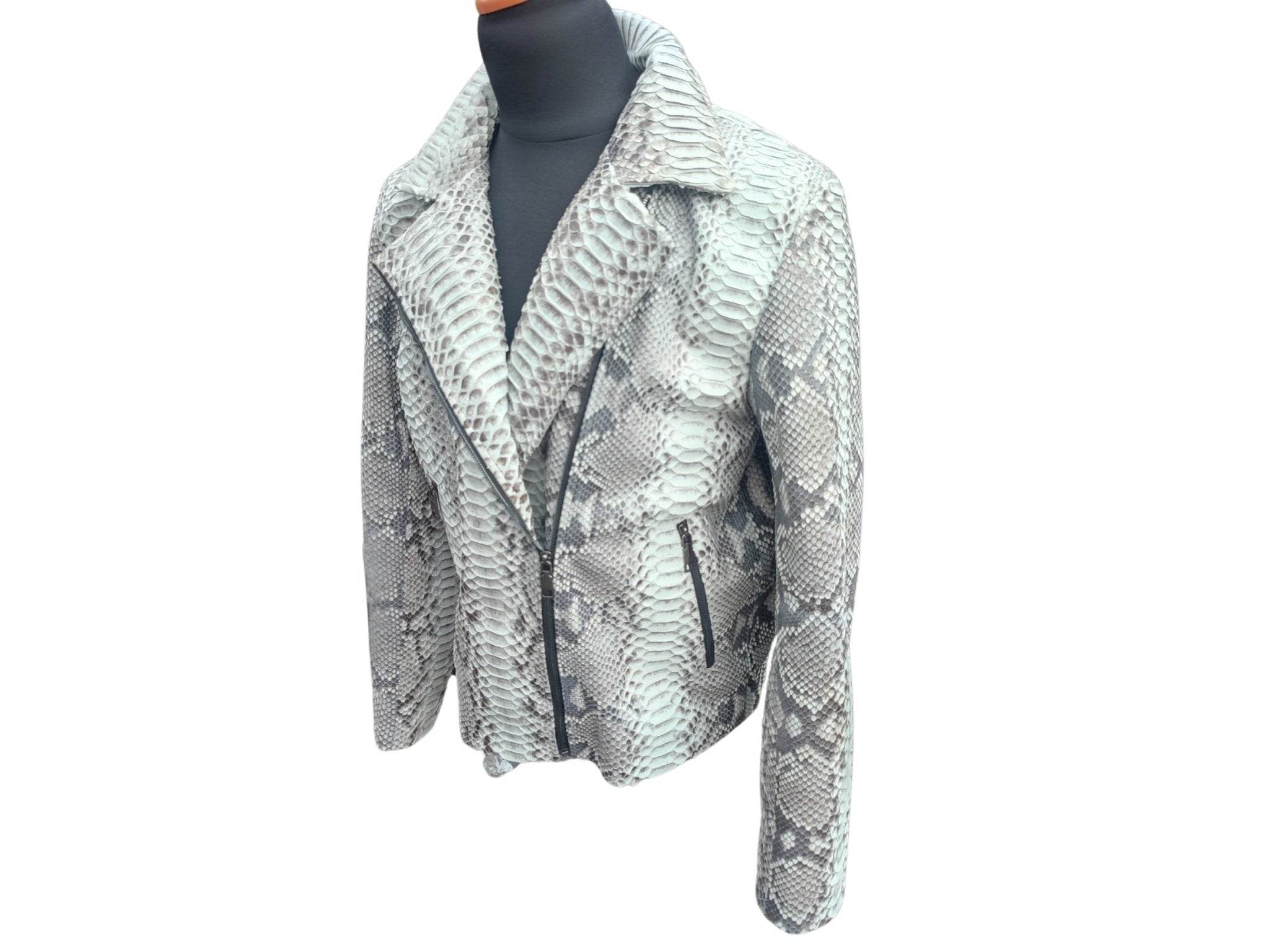 Grey snakeskin motorcycle leather jacket 3/4 view with zip front and notch lapels