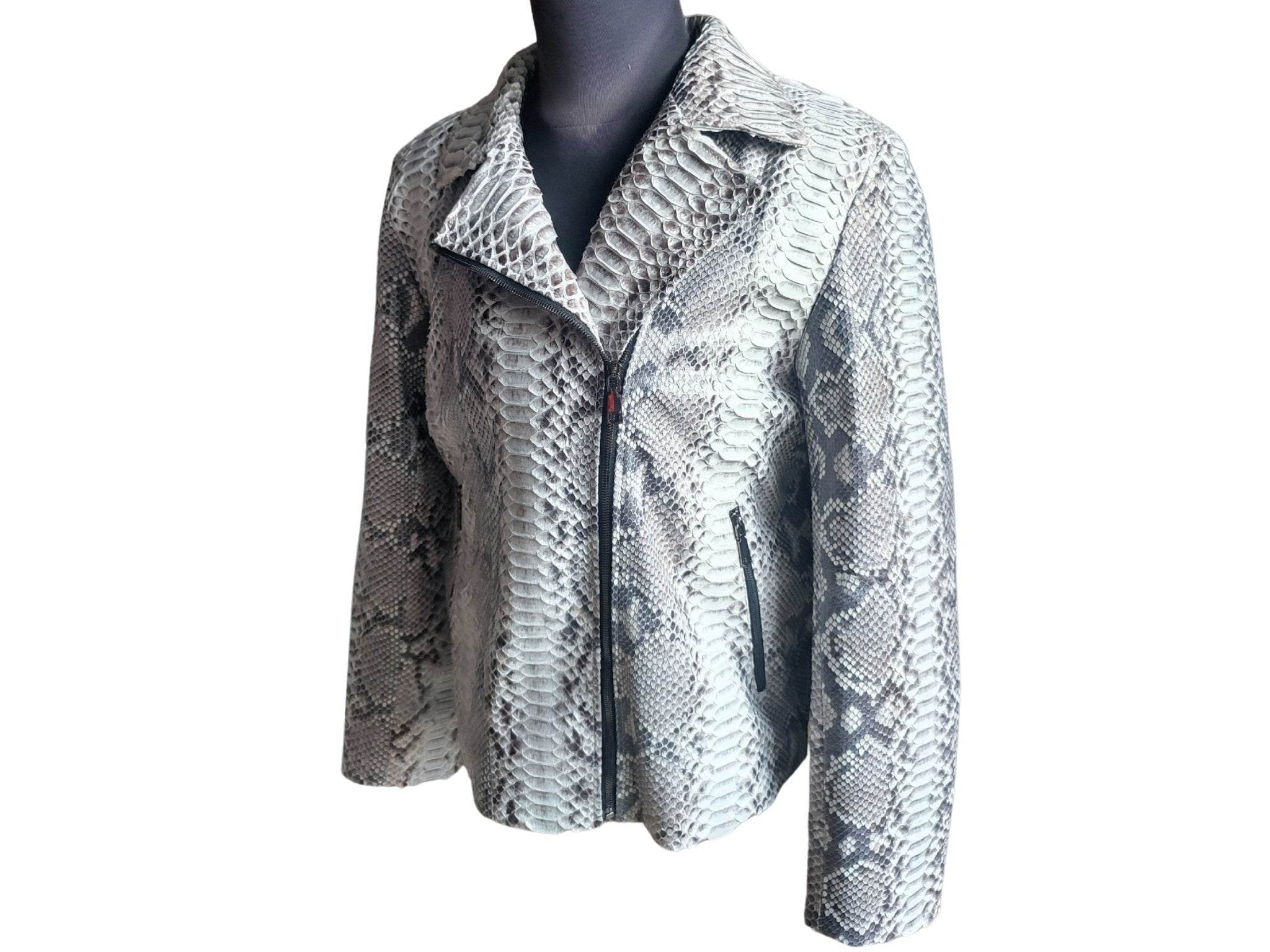 Grey snakeskin leather biker jacket with zip front and high collar detail