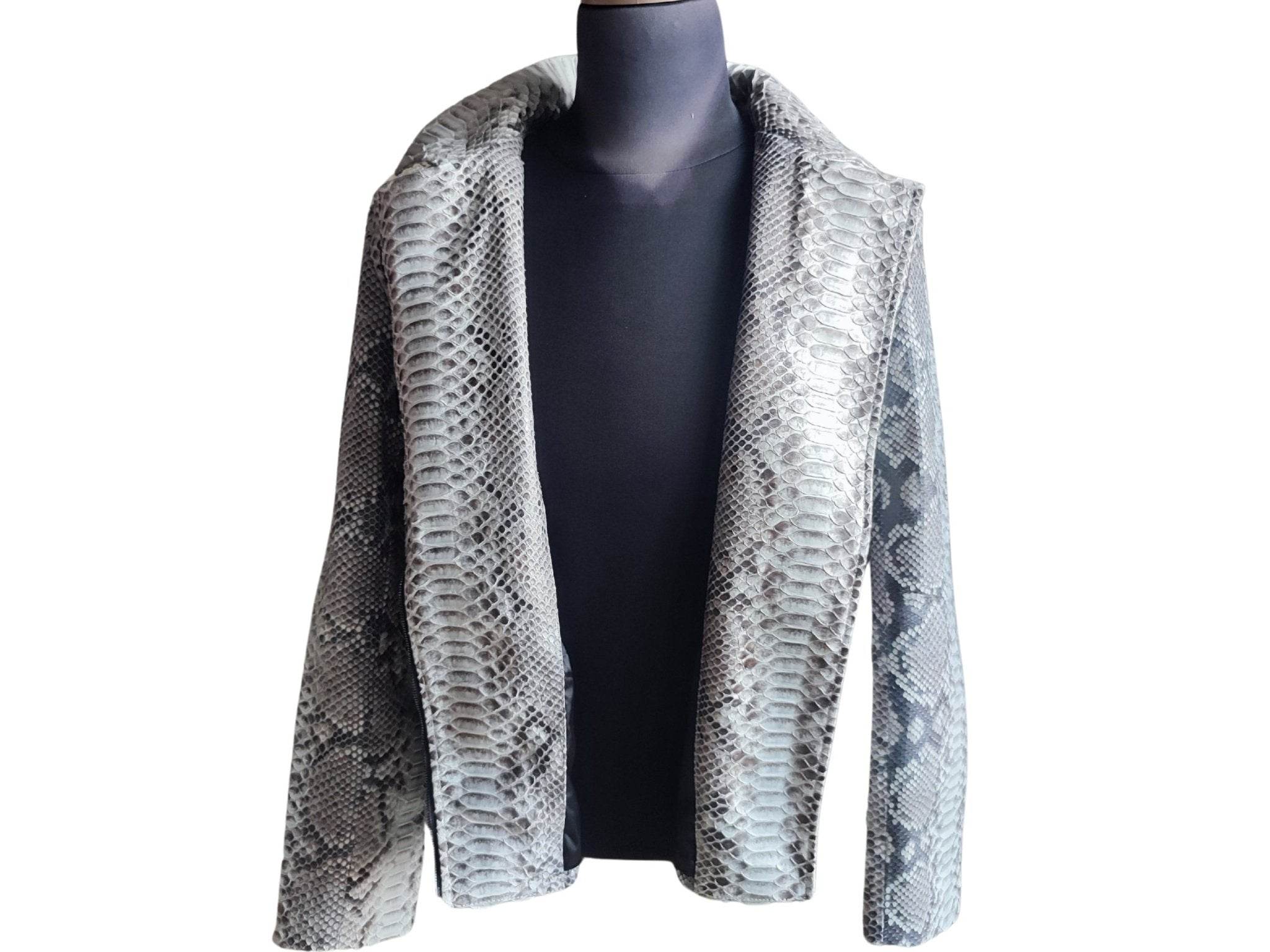 Grey snakeskin motorcycle leather jacket draped front view with open lapels