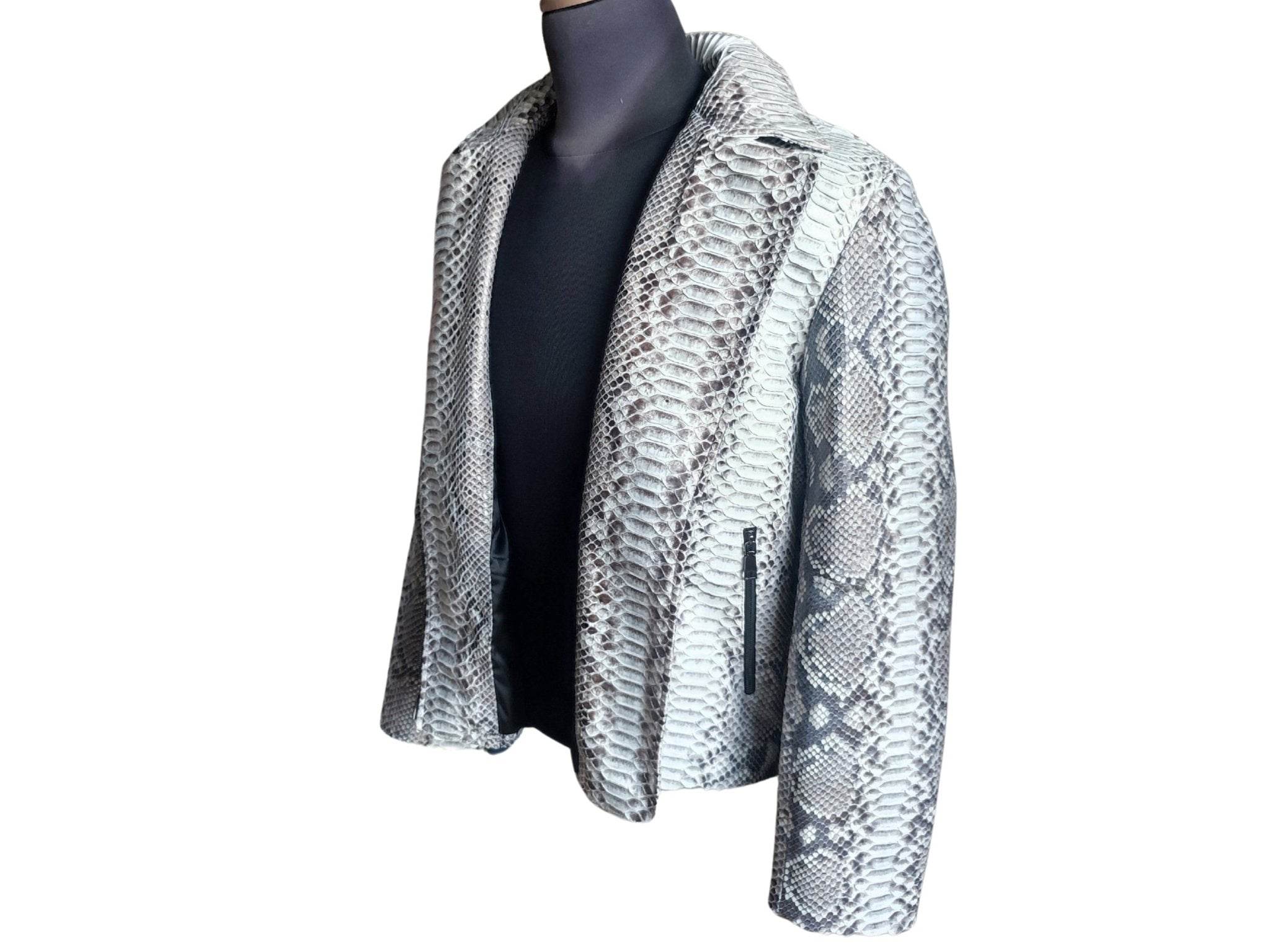 Grey snakeskin motorcycle leather jacket 3/4 side view with zipper front