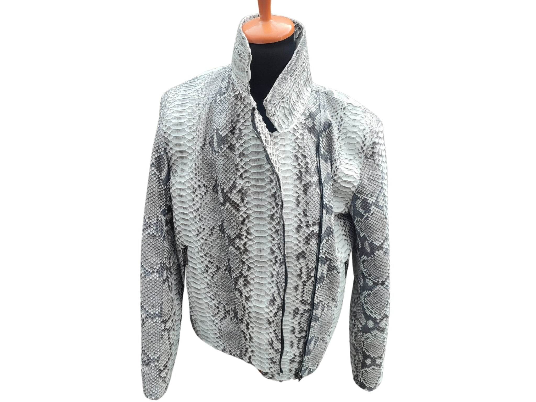 Grey snakeskin motorcycle leather jacket on hanger, back view with stand collar