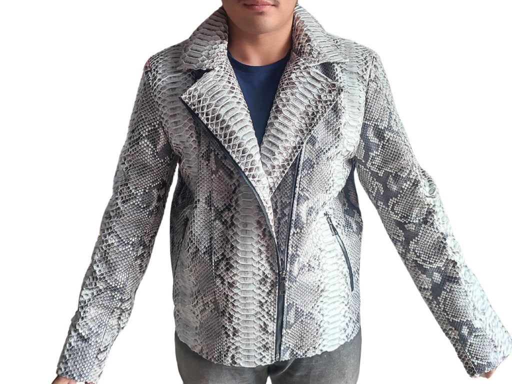 Grey snakeskin motorcycle leather jacket, zip front, long sleeves