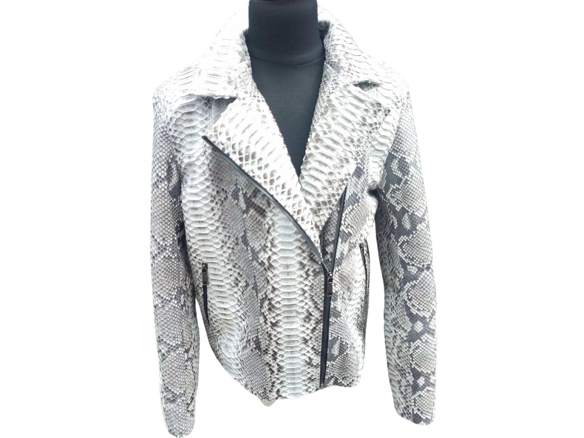 Grey snakeskin leather biker jacket front view with zip closure