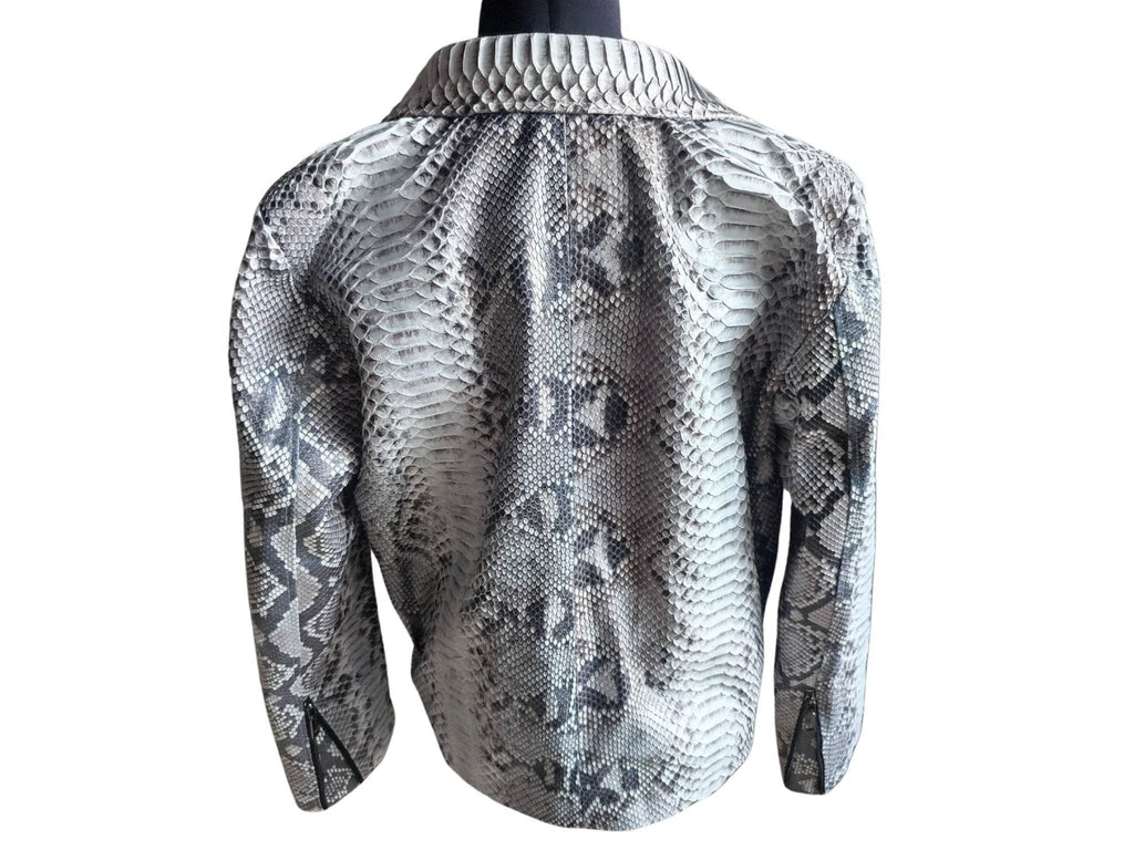 Snakeskin motorcycle leather jacket, back view, zip front and stand collar