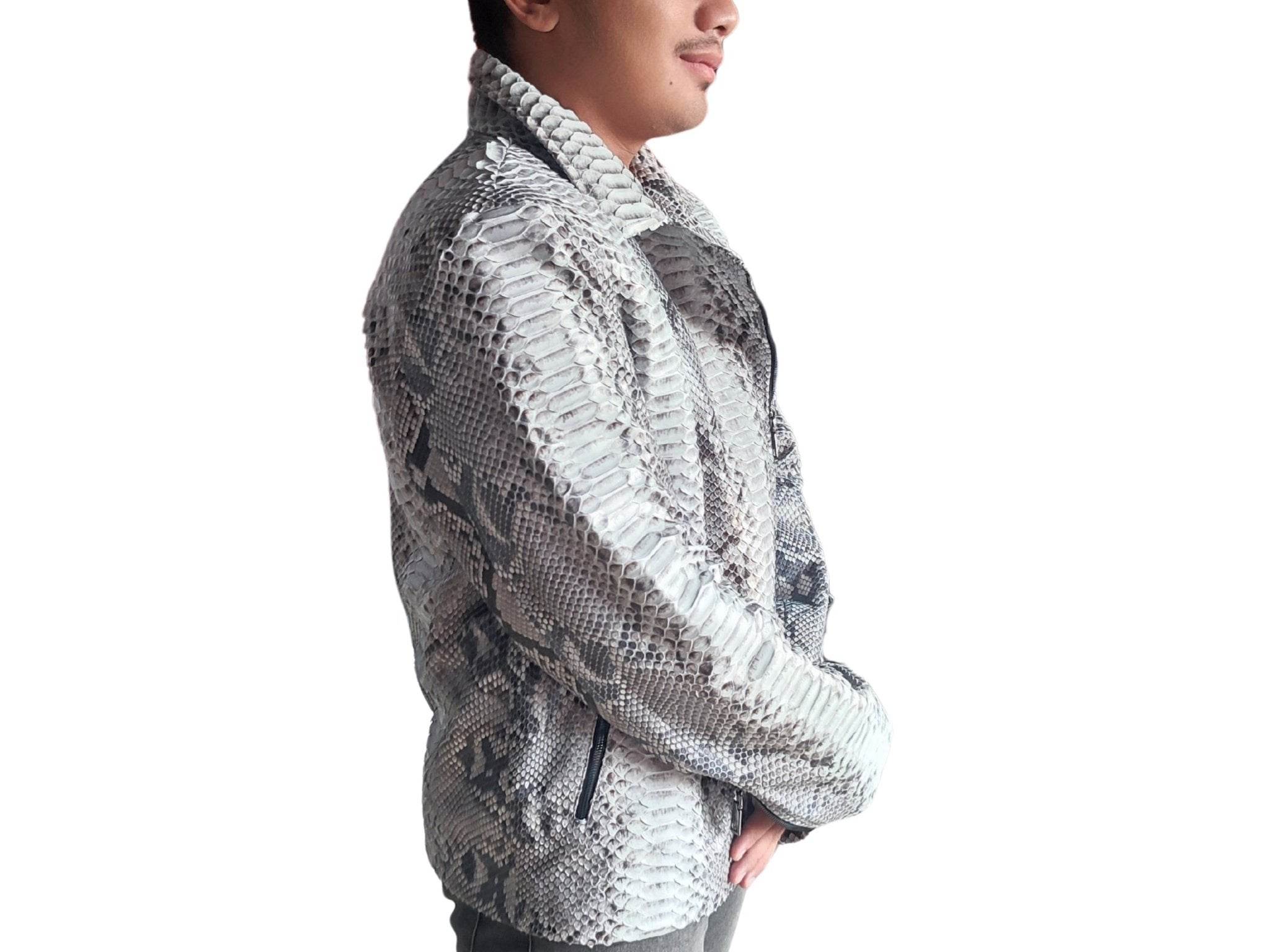 Grey snakeskin motorcycle leather jacket side view with zip and lapels
