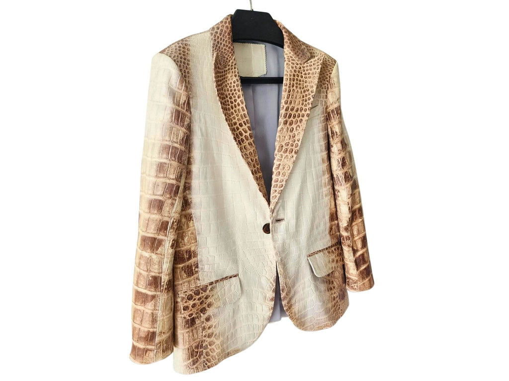 Men's alligator-pattern blazer jacket front view, cream body with brown textured lapels