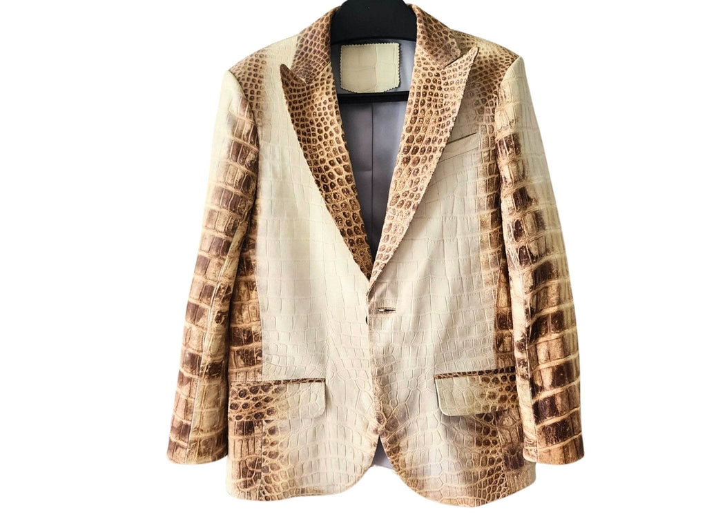 Men's alligator-pattern blazer jacket in cream with brown textured print, notch lapels