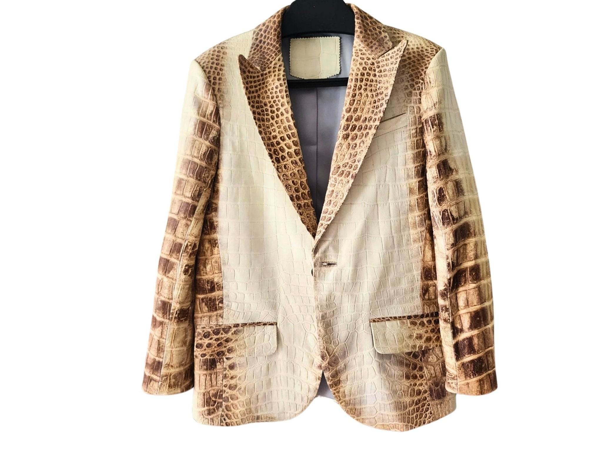 Men's alligator-pattern blazer jacket in cream with brown textured print, notch lapels