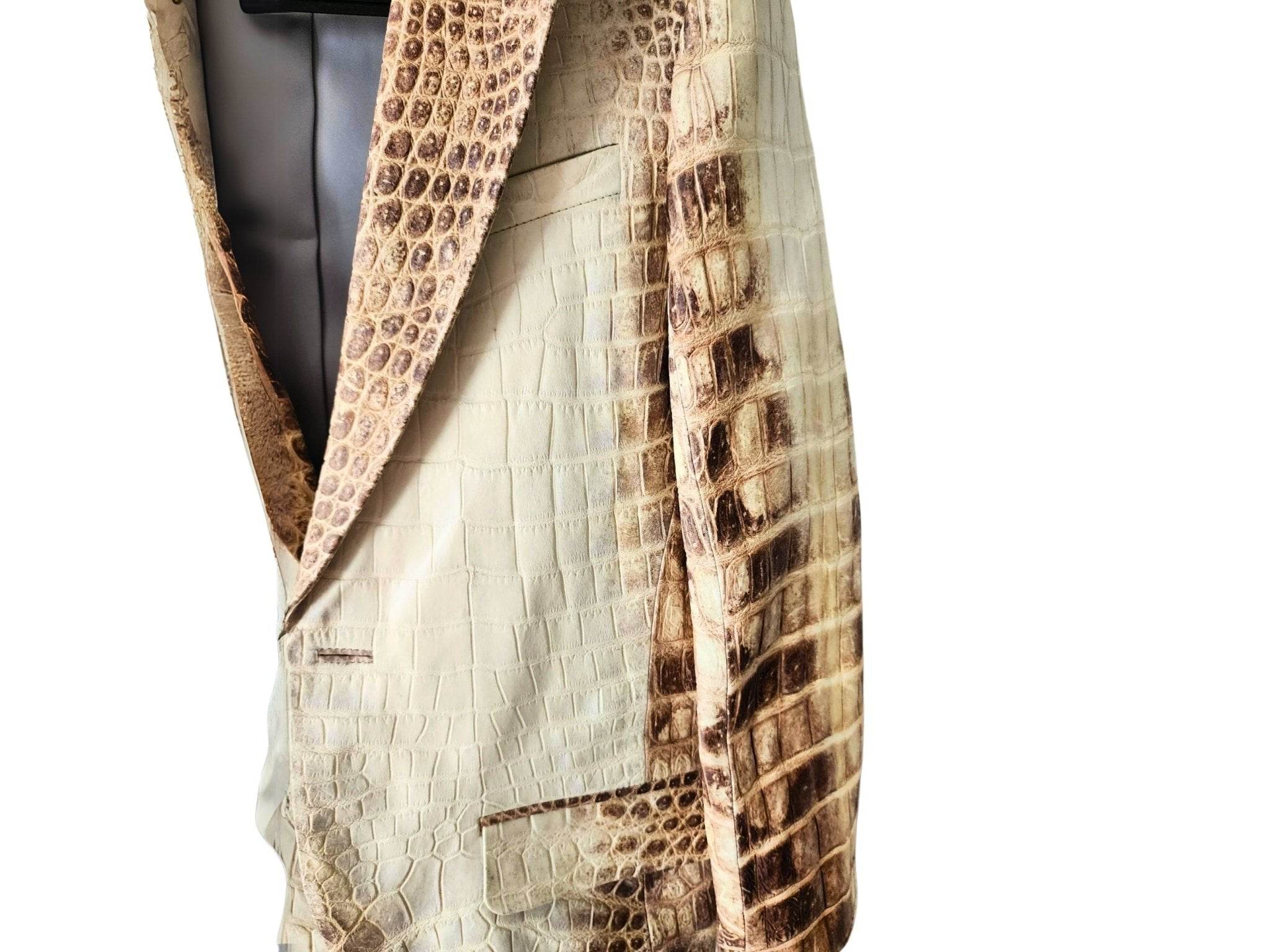 Alligator-pattern blazer jacket detail, cream base with brown textured panels and flap pocket