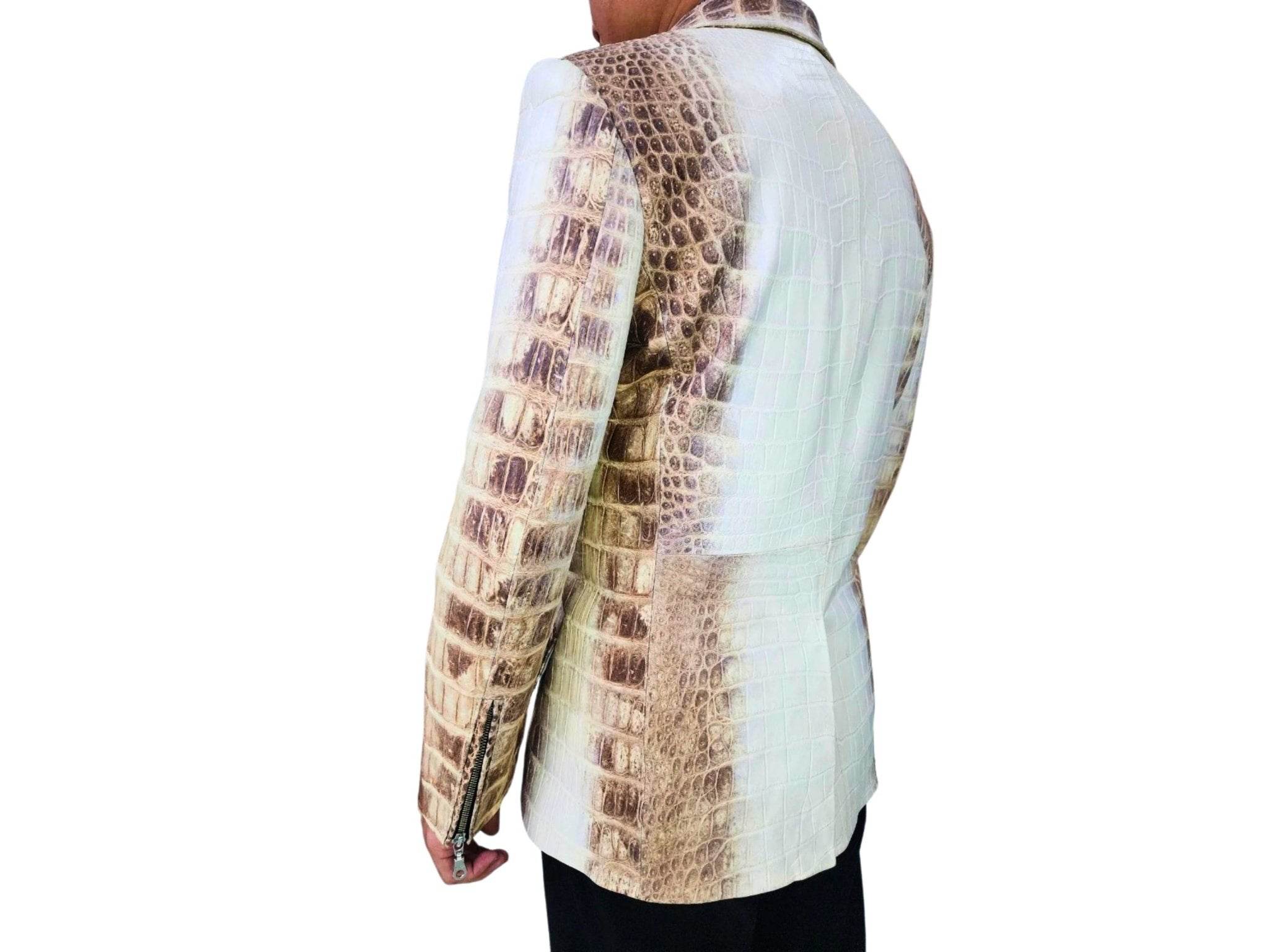 Men's alligator-pattern blazer jacket side view, cream with brown patterned sleeve panel