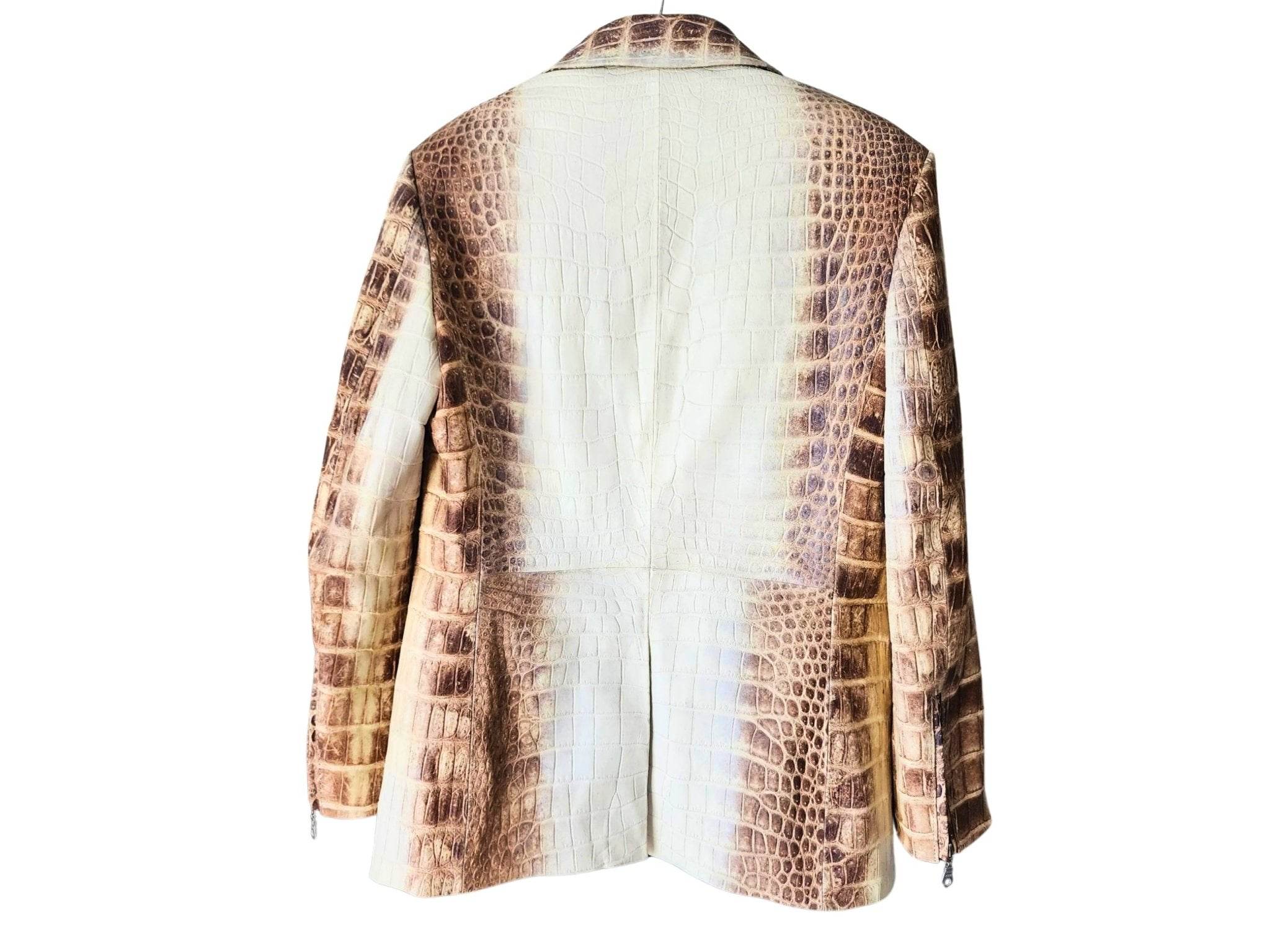 Men's alligator-pattern blazer jacket, brown-and-cream back view with long sleeves