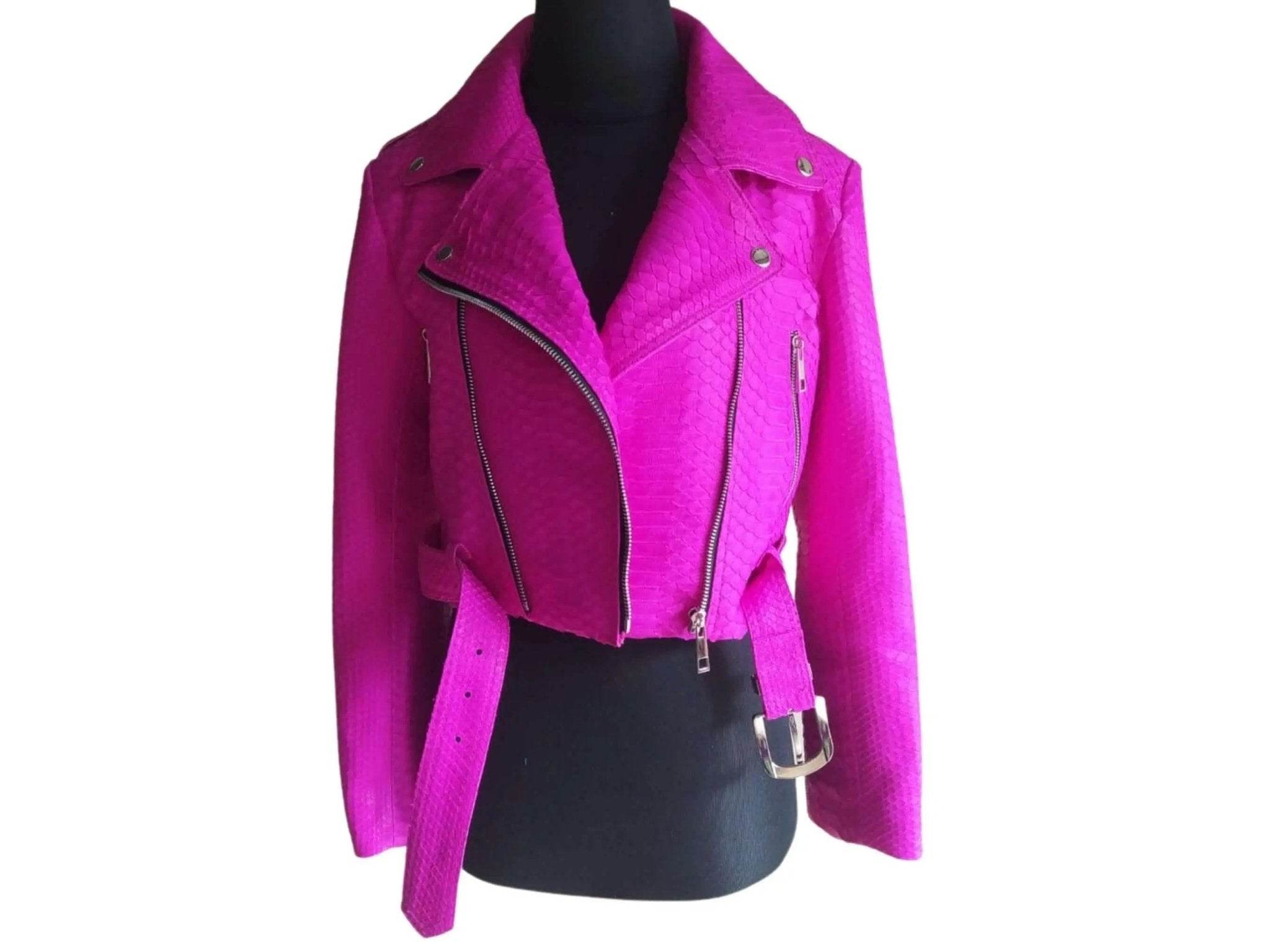 Hot pink snakeskin leather biker jacket with structured shoulders and belt buckle