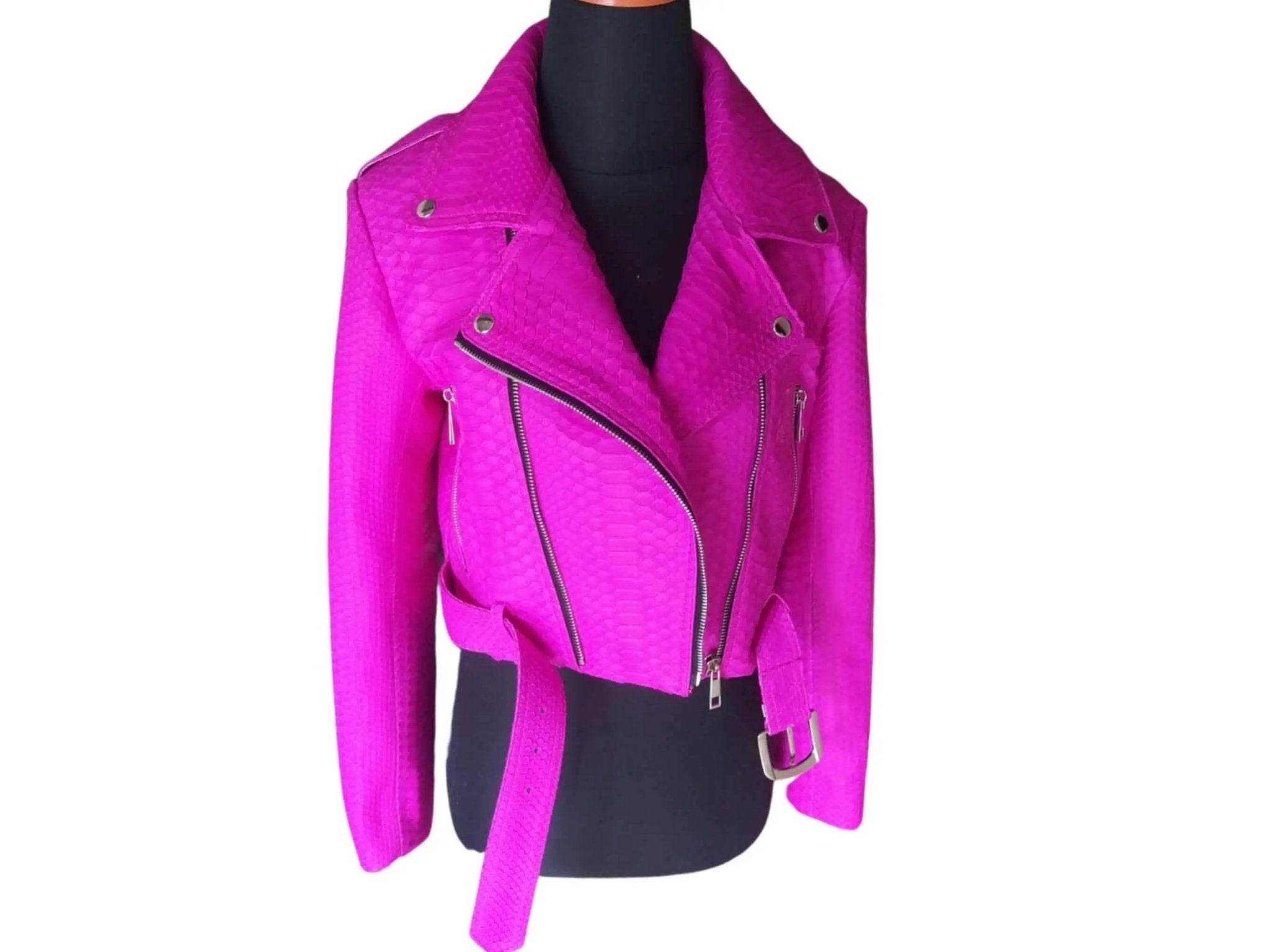 Hot pink snakeskin leather jacket with asymmetrical zip panels and snap collar tabs