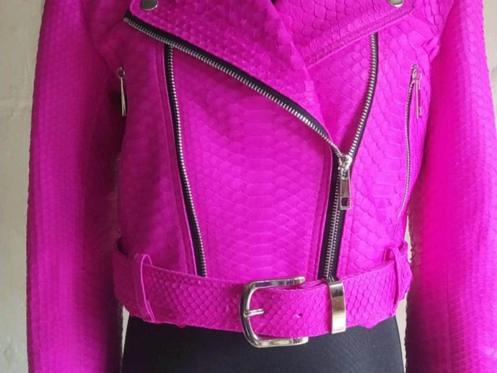 Hot pink snakeskin leather jacket front with belt, yoke seams, and dual zippers