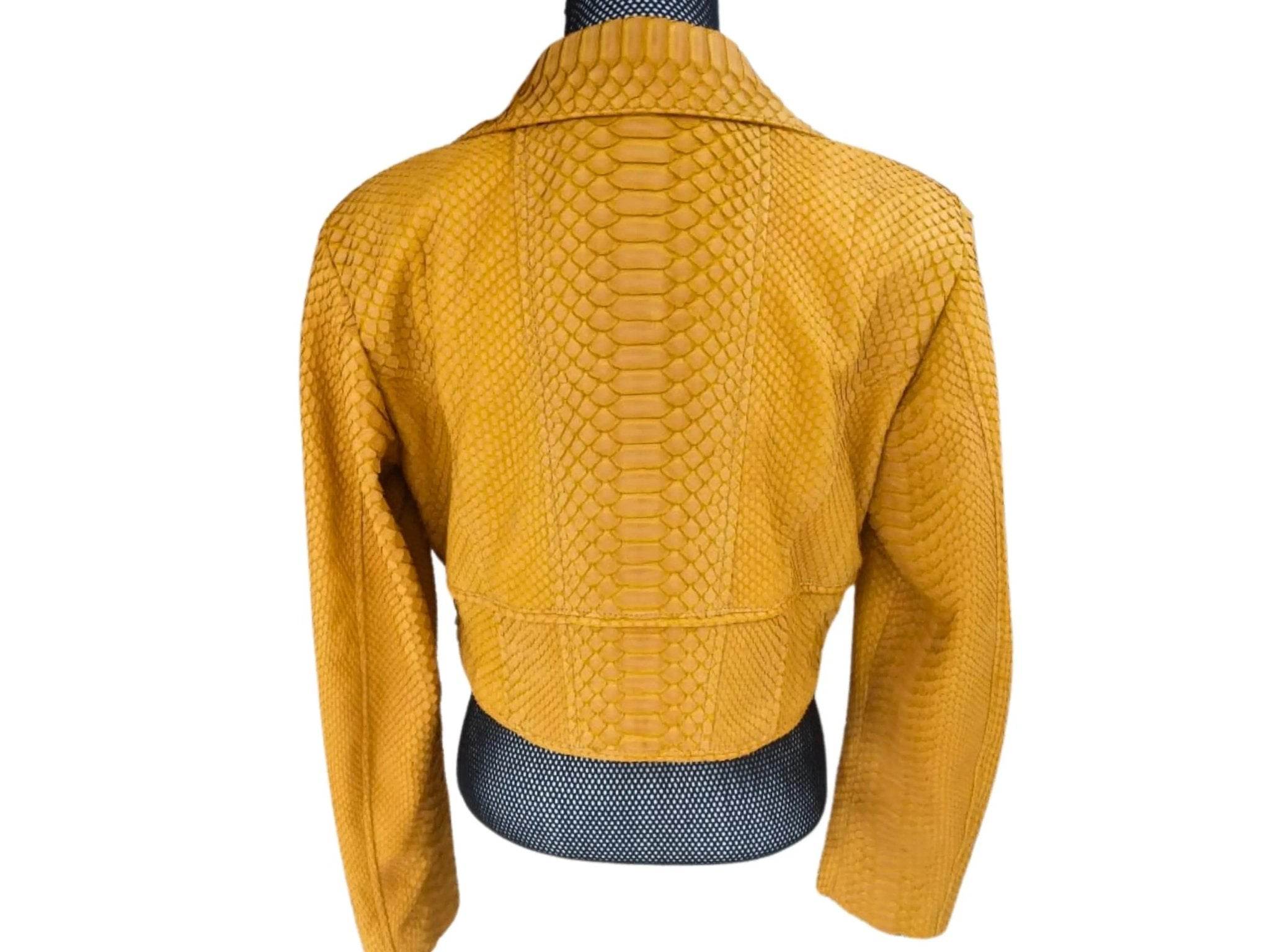 Cropped snakeskin leather fashion jacket, yellow, back view with stand collar and seams