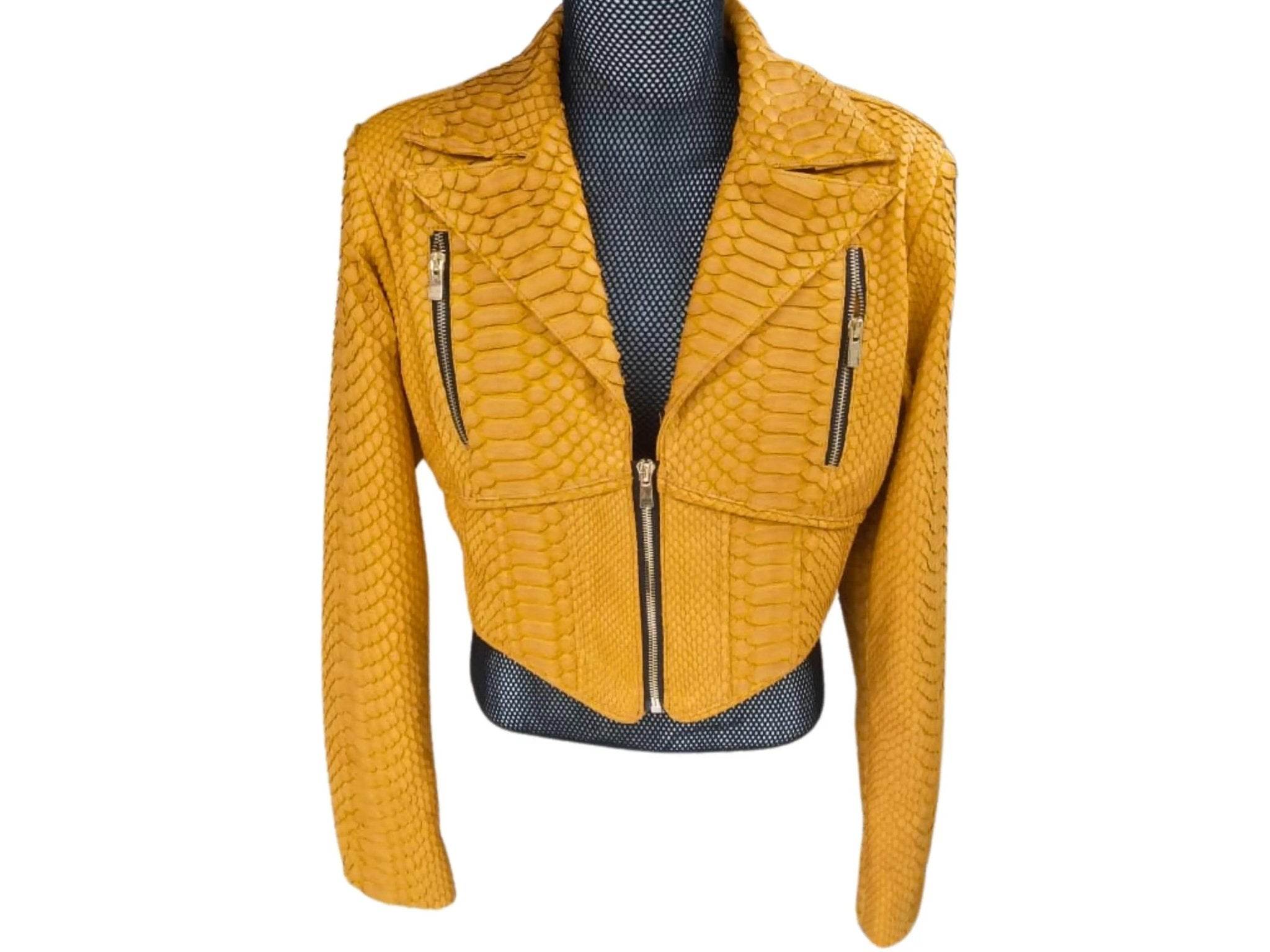 Cropped snakeskin leather fashion jacket, yellow, front view with center zipper and pocket zips