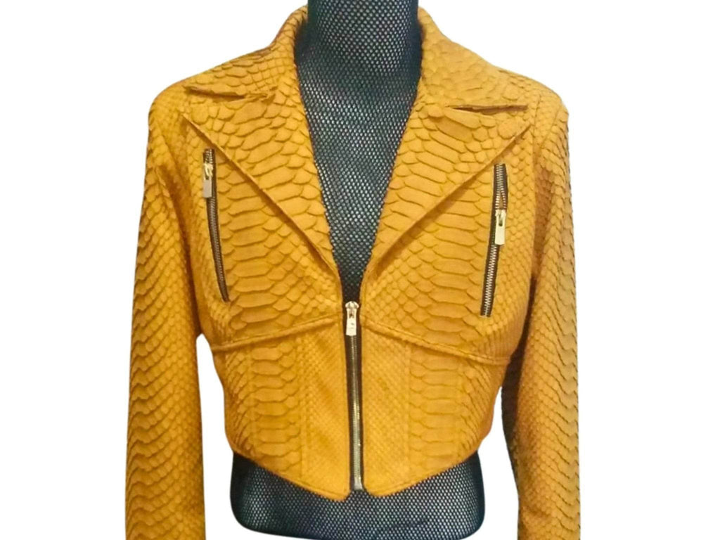 Cropped snakeskin leather fashion jacket, yellow, front view with center zip and two zipped pockets