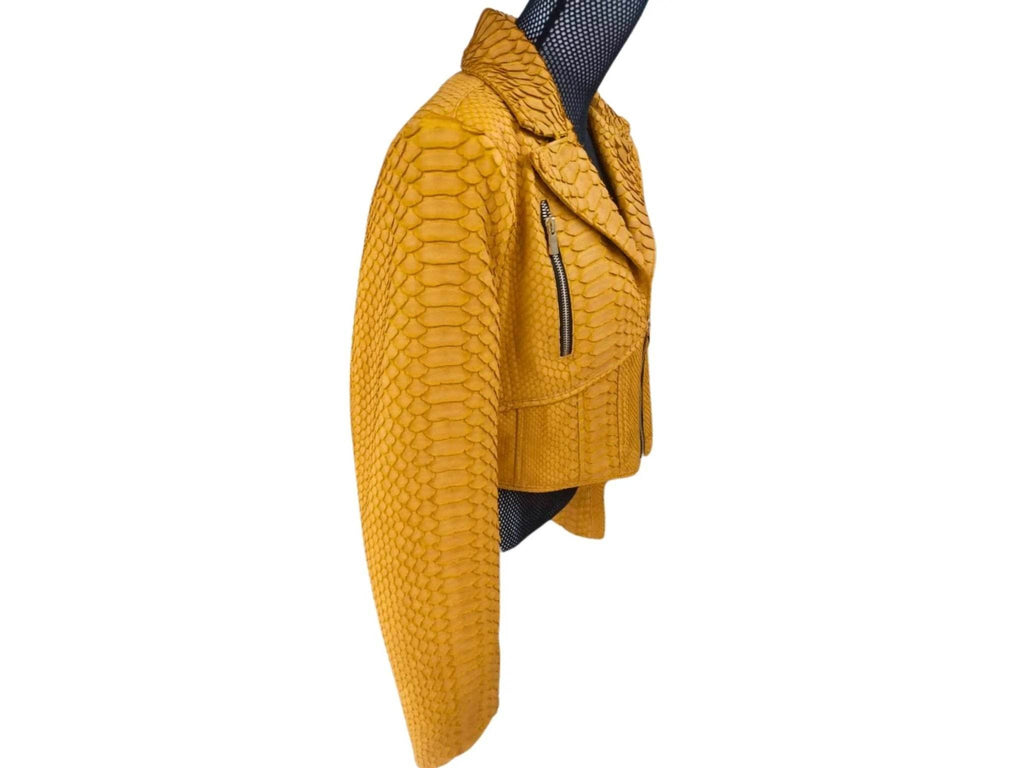 Cropped snakeskin leather fashion jacket, yellow, side view with zipper and flap pocket