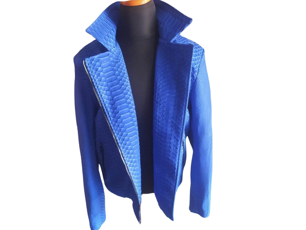 Light blue snakeskin motorcycle leather jacket, hooded, angled front with side panel