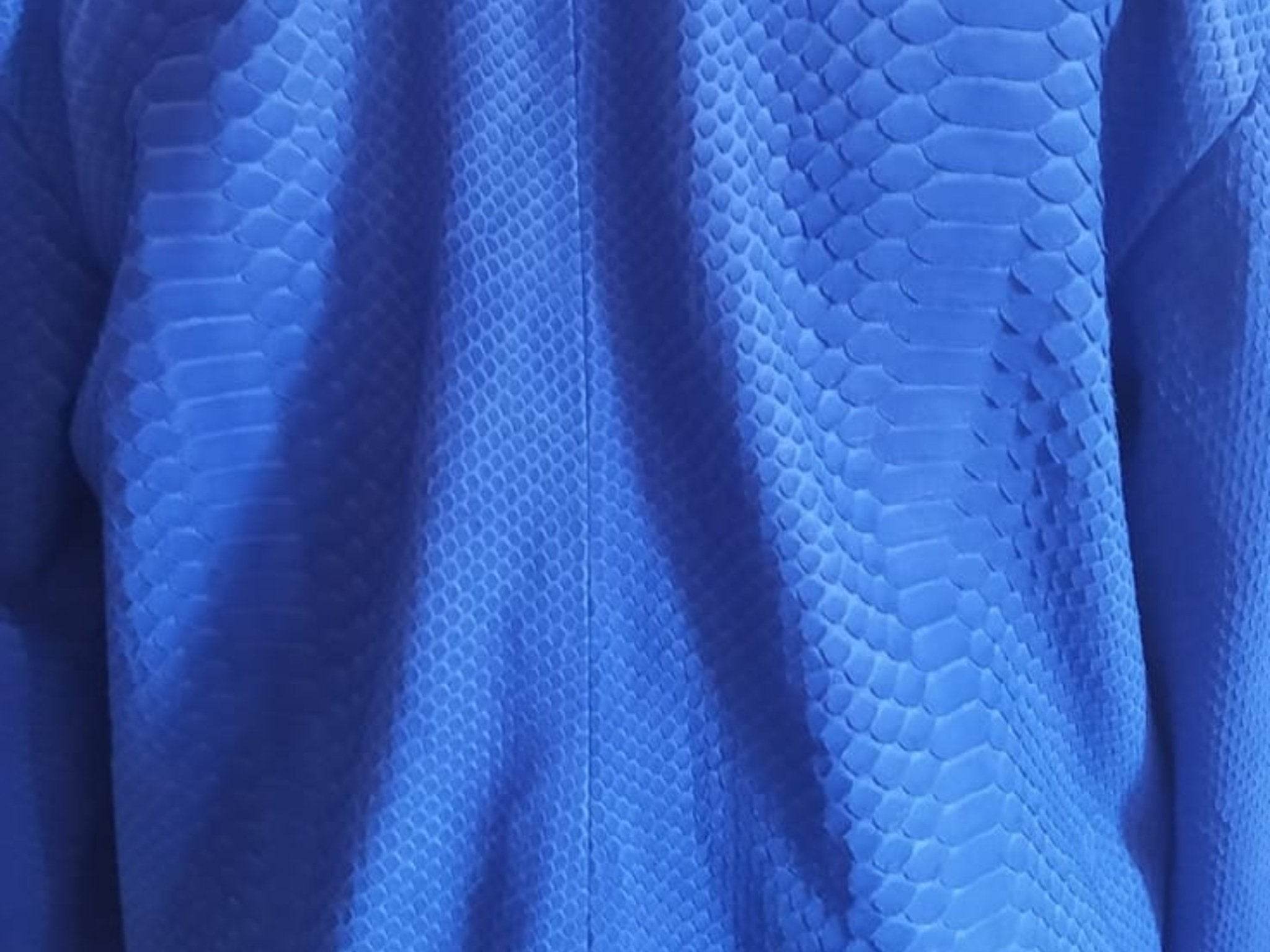 Light blue snakeskin motorcycle leather jacket, back panel texture close-up
