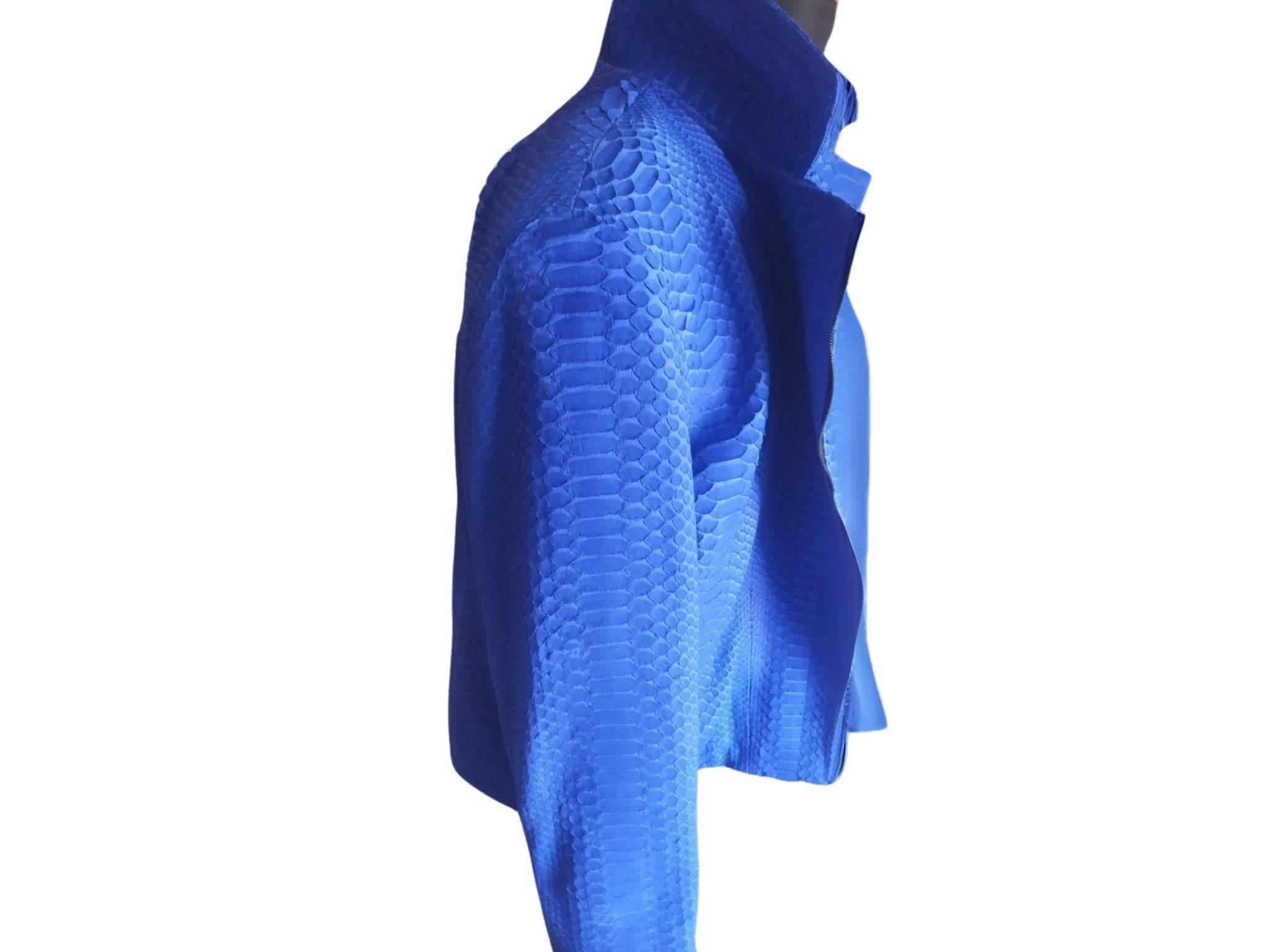 Light blue snakeskin motorcycle leather jacket, side view with shoulder detail