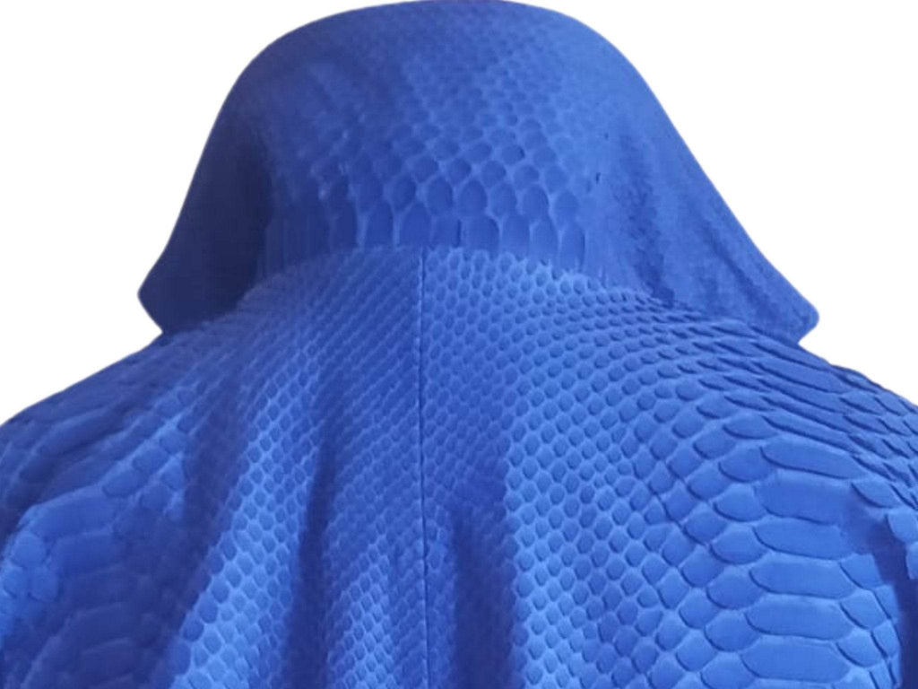 Light blue snakeskin motorcycle leather jacket, hood and back panel close-up
