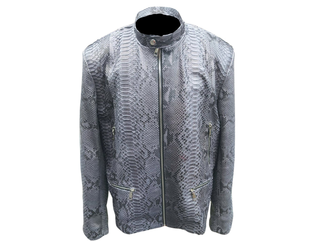 Dark grey snakeskin leather jacket with front zipper, stand collar, and two zip pockets