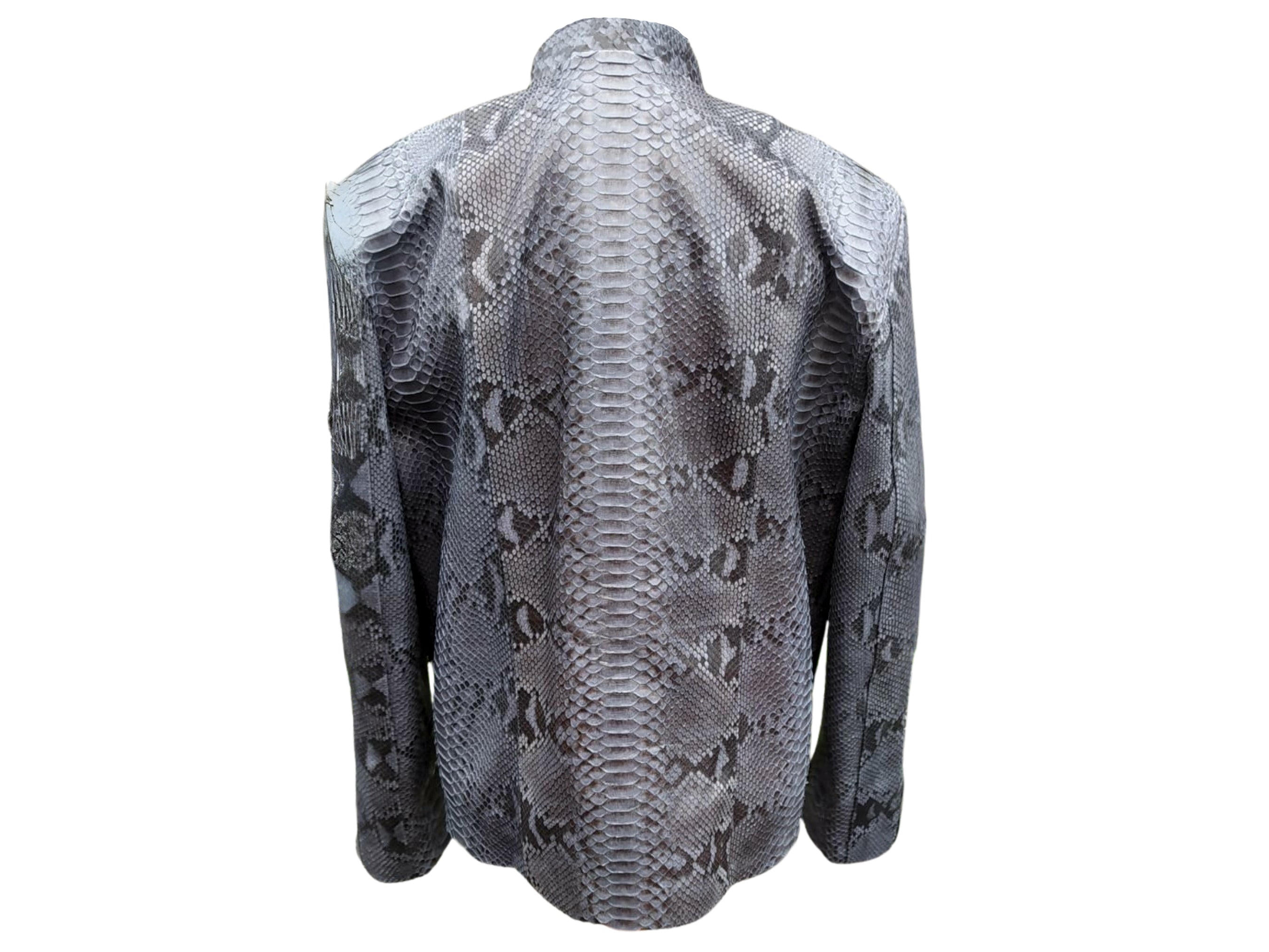 Back view of dark grey snakeskin leather jacket with stand collar and full sleeves
