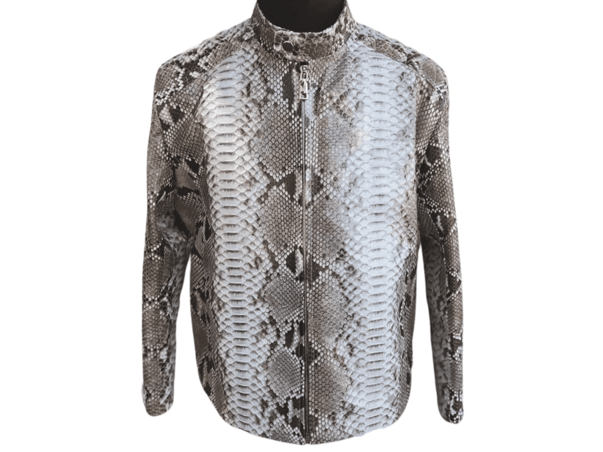 Snakeskin quilt jacket, stand collar, silver and dark pattern, zip front