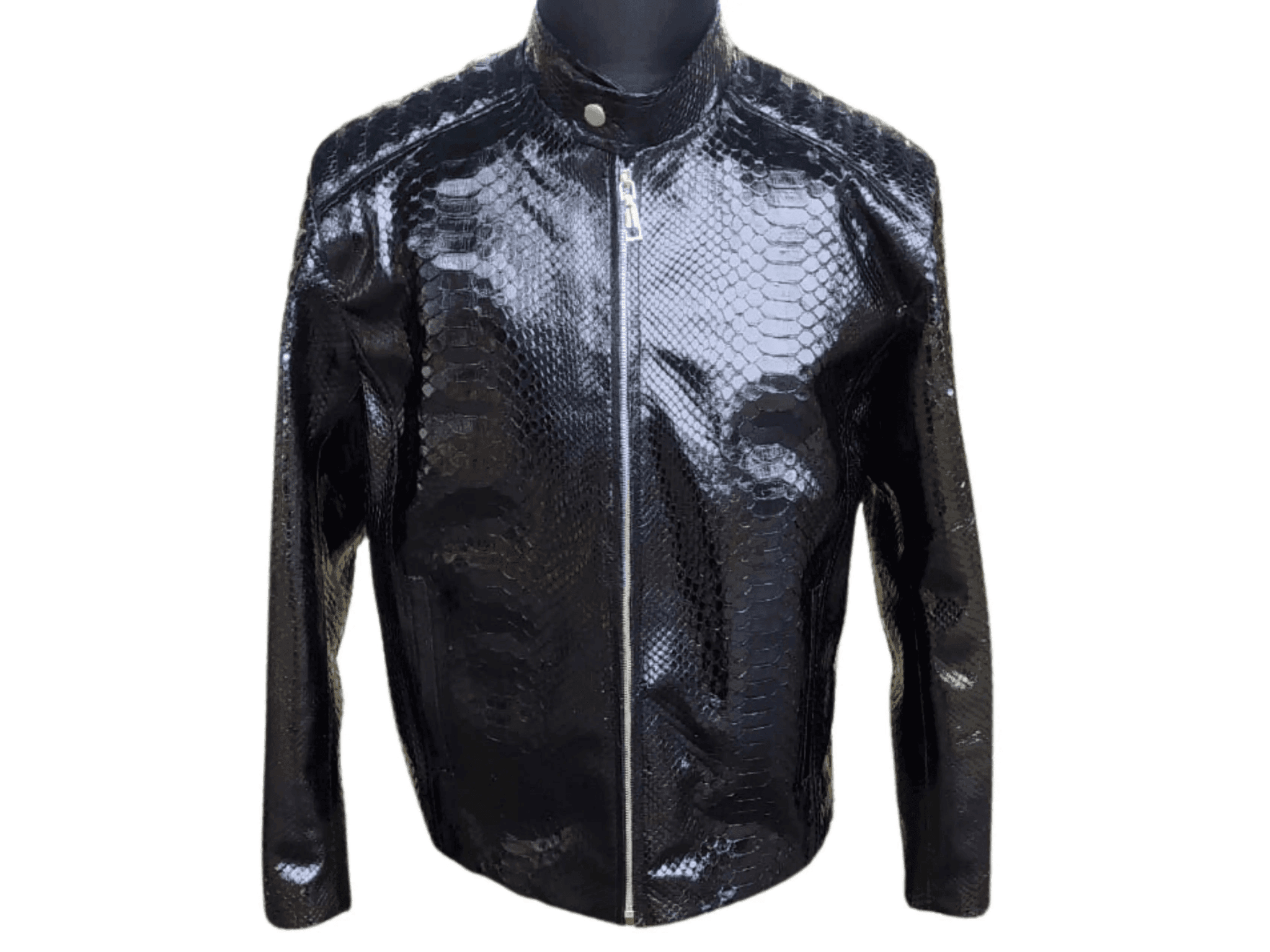 Snakeskin quilt jacket, stand collar, black with textured scale pattern, zip front