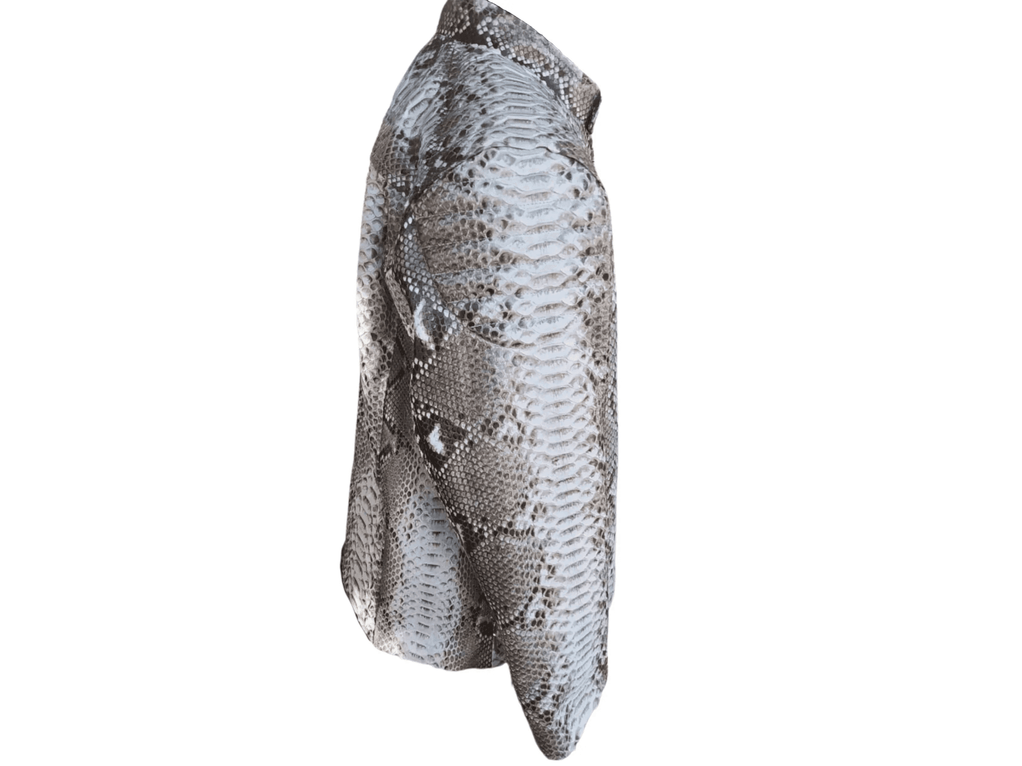 Snakeskin quilt jacket, side view, light silver scale pattern, stand collar, zip