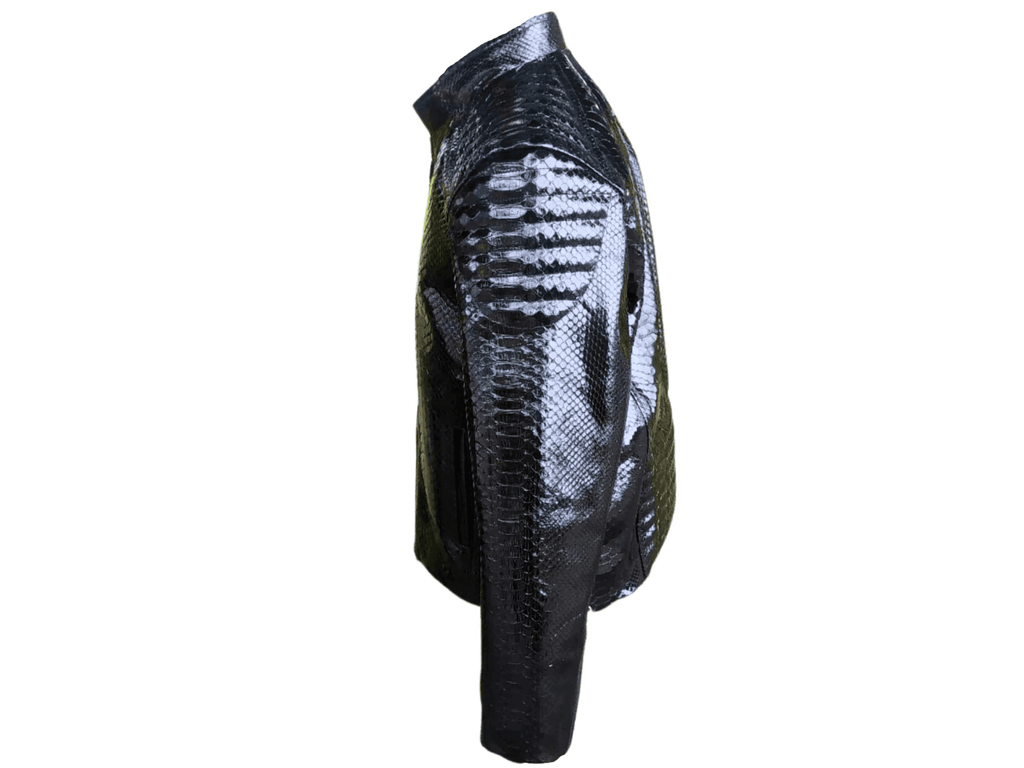 Snakeskin quilt jacket sleeve, glossy black scale texture, slim cuff, side view