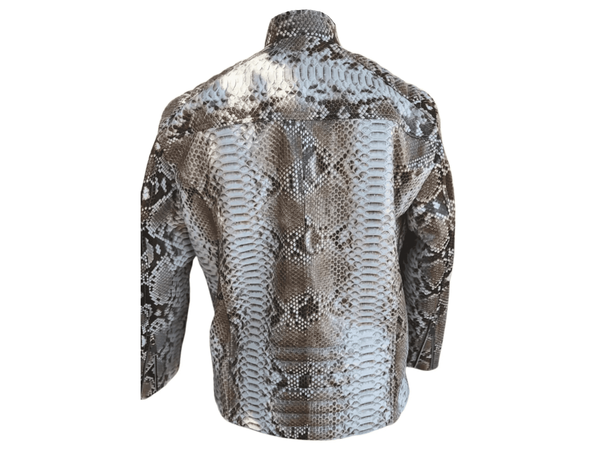 Snakeskin quilt jacket, back view, light silver scale pattern, stand collar, zip