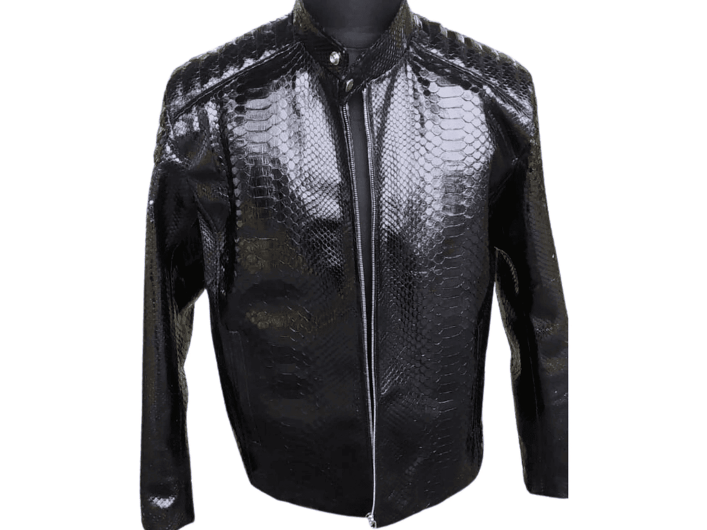 Snakeskin quilt jacket, front view, glossy black scale pattern, stand collar, zip