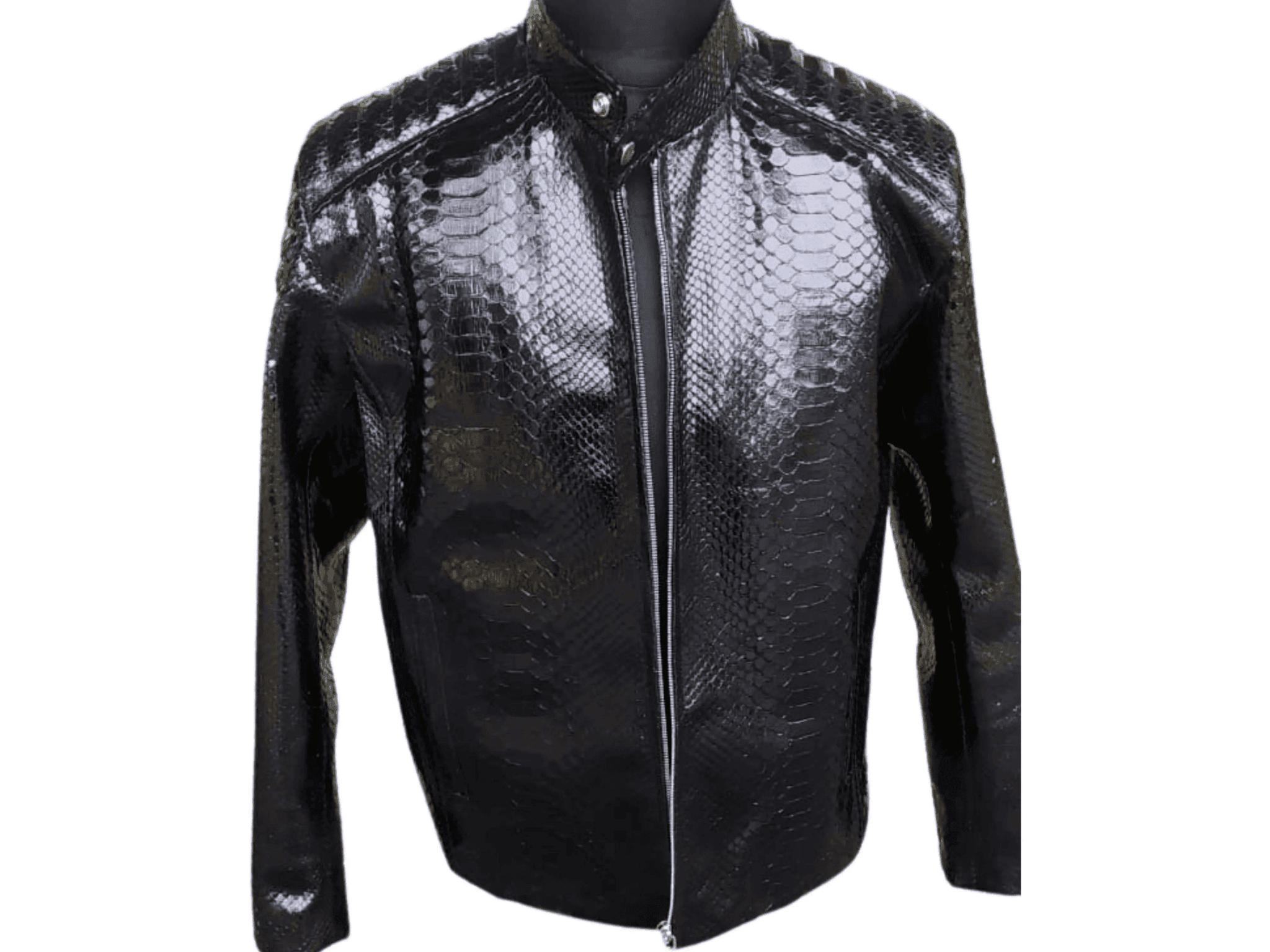 Snakeskin quilt jacket, front view, glossy black scale pattern, stand collar, zip
