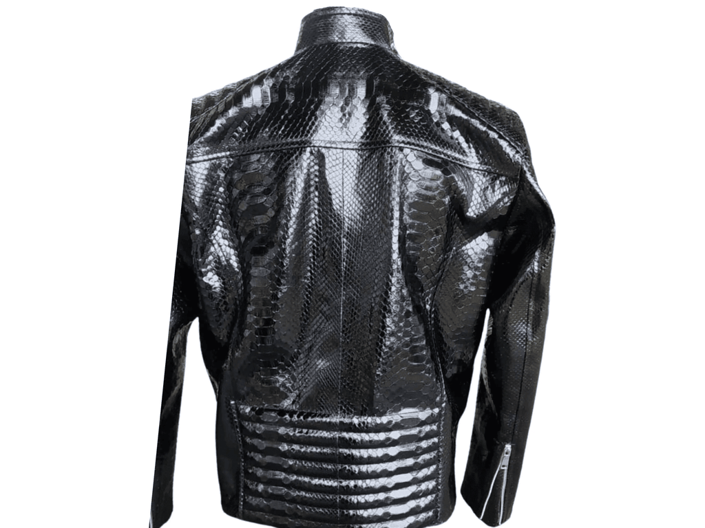 Snakeskin quilt jacket, back view, glossy black scale pattern, vertical seam detail