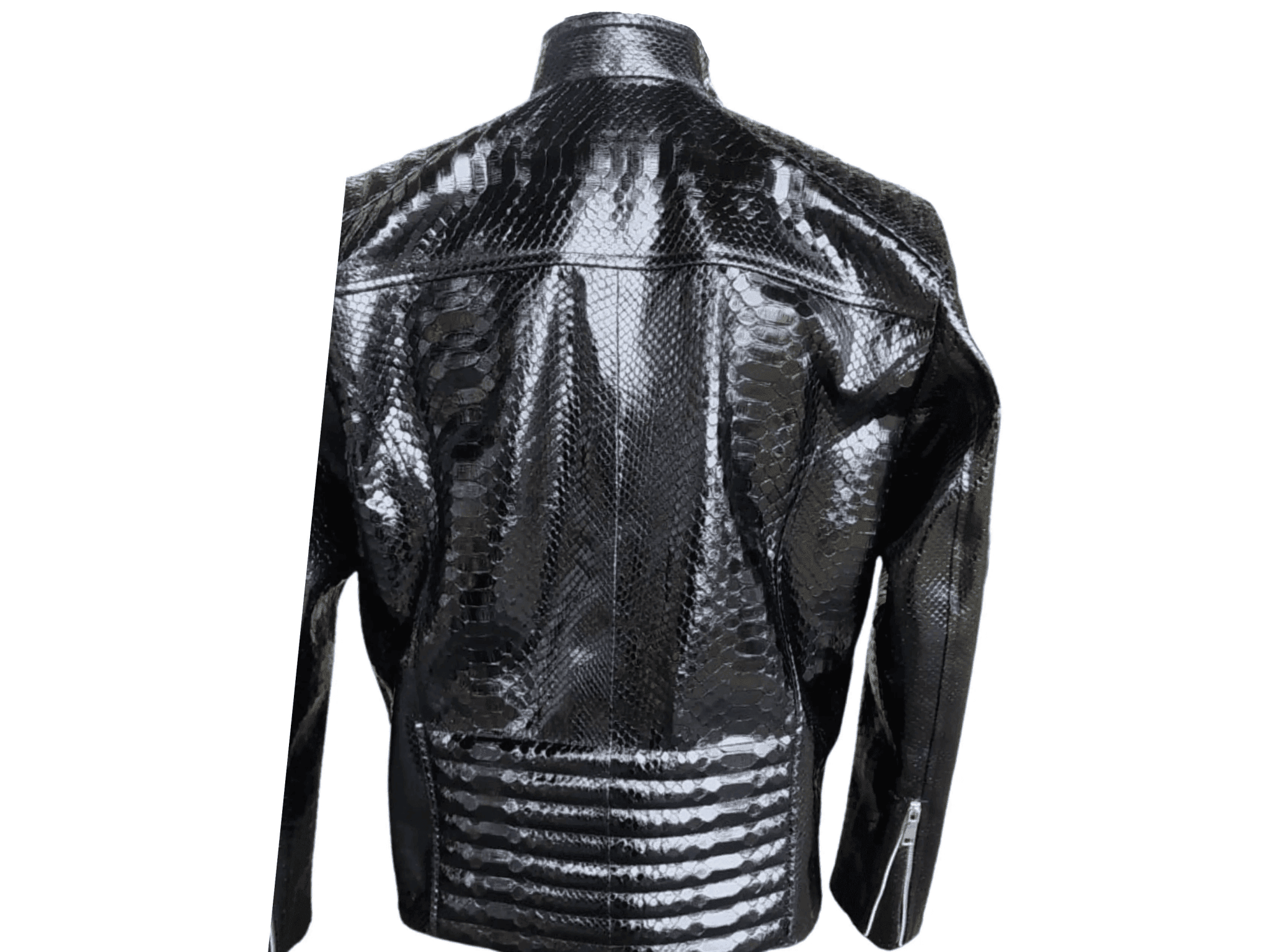 Snakeskin quilt jacket, back view, glossy black scale pattern, vertical seam detail