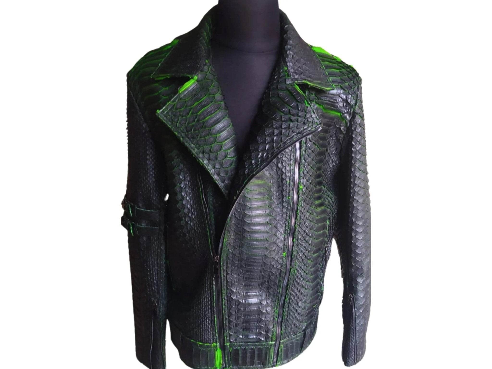 Motorcycle leather jacket angled view with dark leather panels and green piping trim